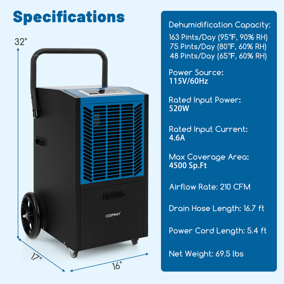 140 Pints Commercial Dehumidifier Crawl Space Dehumidifier with Pump and Drain Hose-Blue-Dehumidifiers-DECOROLALA