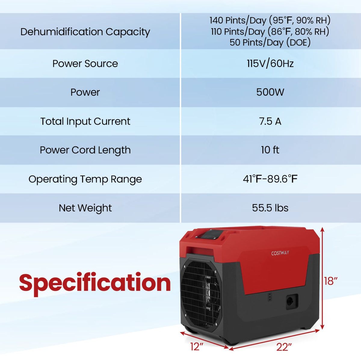140 Pints Commercial Dehumidifier with Pump and Drain Hose-Red-Dehumidifiers-DECOROLALA