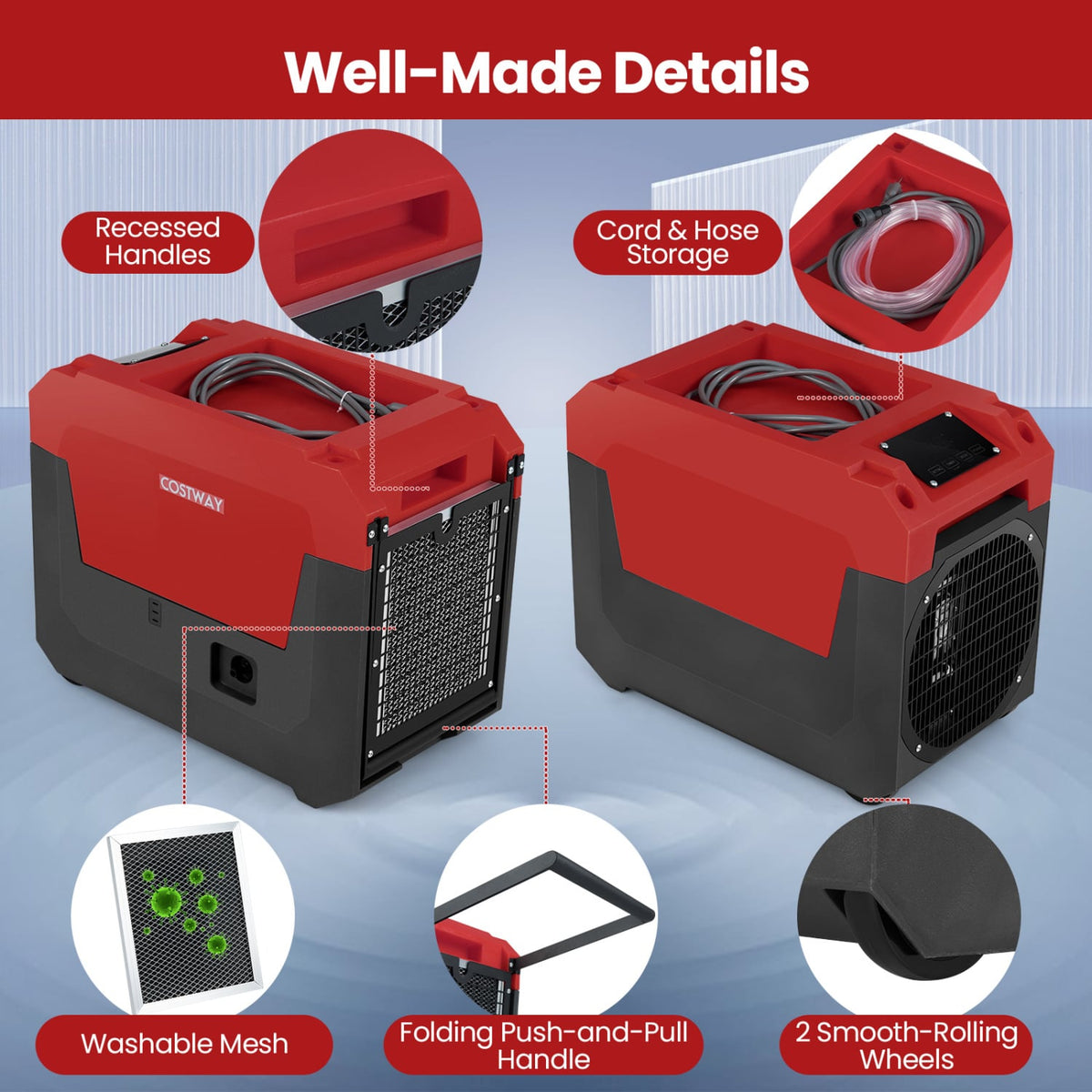 140 Pints Commercial Dehumidifier with Pump and Drain Hose-Red-Dehumidifiers-DECOROLALA