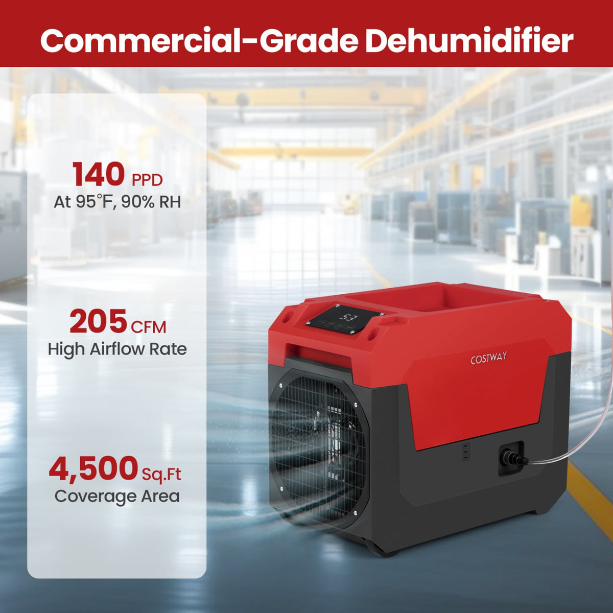 140 Pints Commercial Dehumidifier with Pump and Drain Hose-Red-Dehumidifiers-DECOROLALA