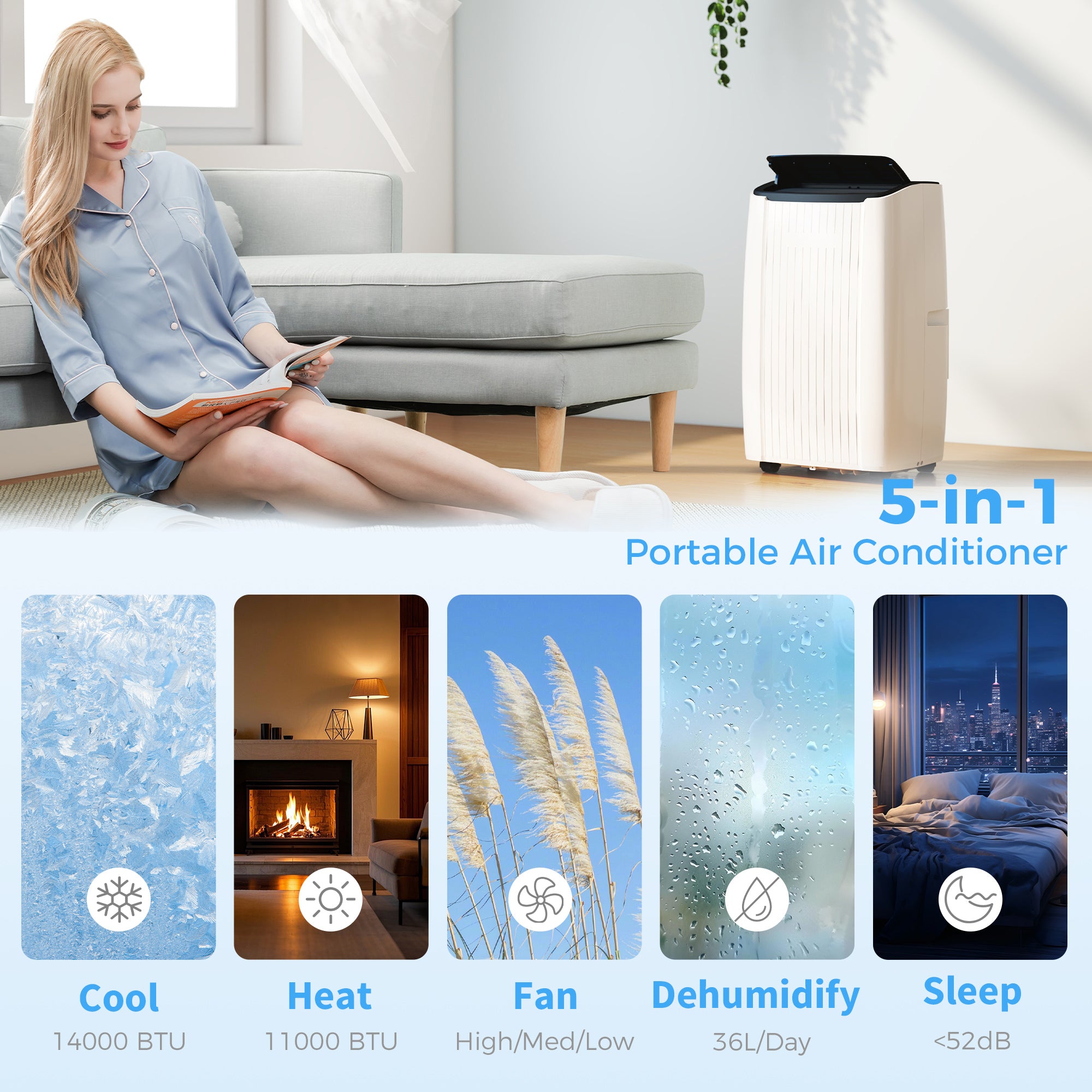 14000 BTU 5-in-1 Portable Air Conditioner with Heat & WiFi - White-Air Conditioner-DECOROLALA