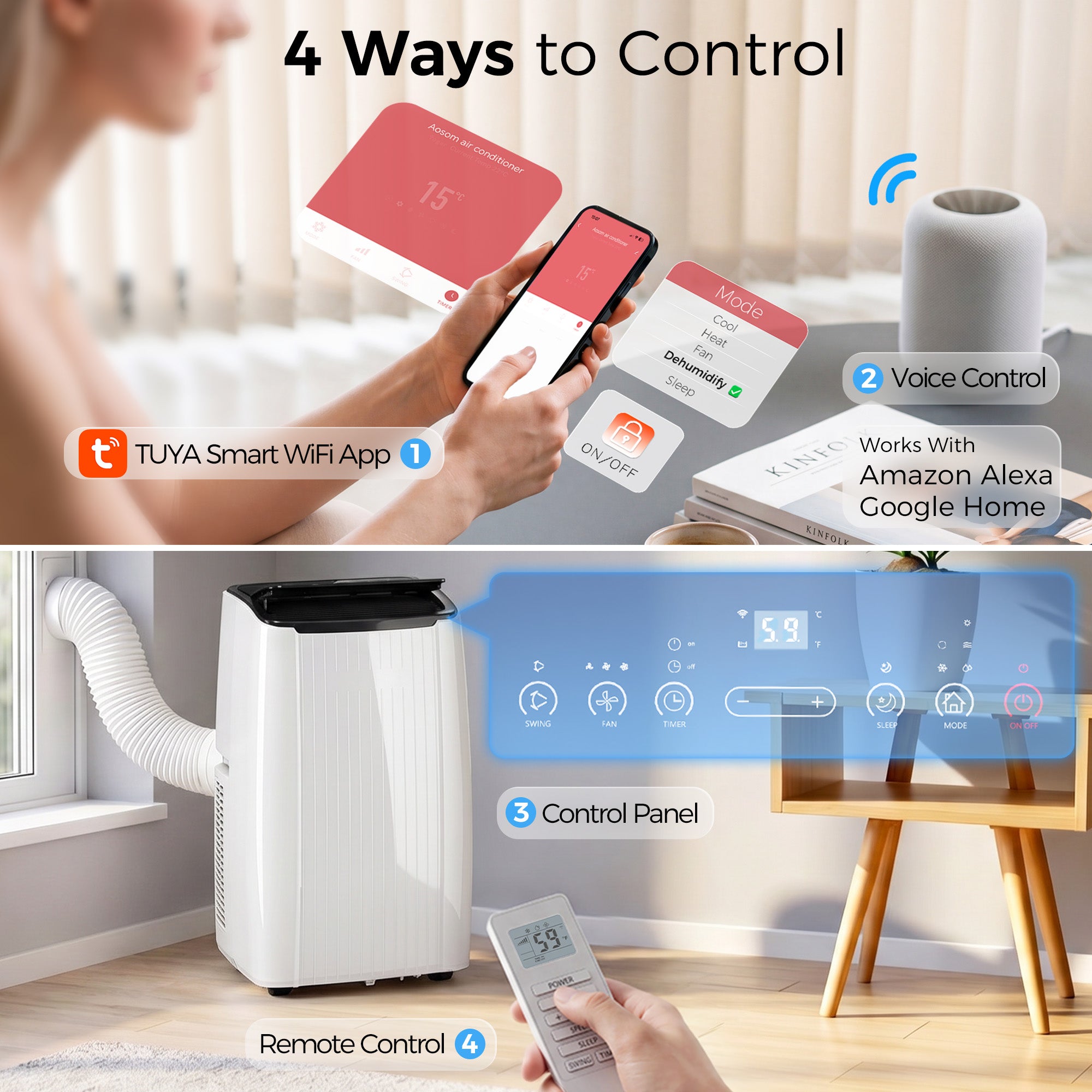 14000 BTU 5-in-1 Portable Air Conditioner with Heat & WiFi - White-Air Conditioner-DECOROLALA