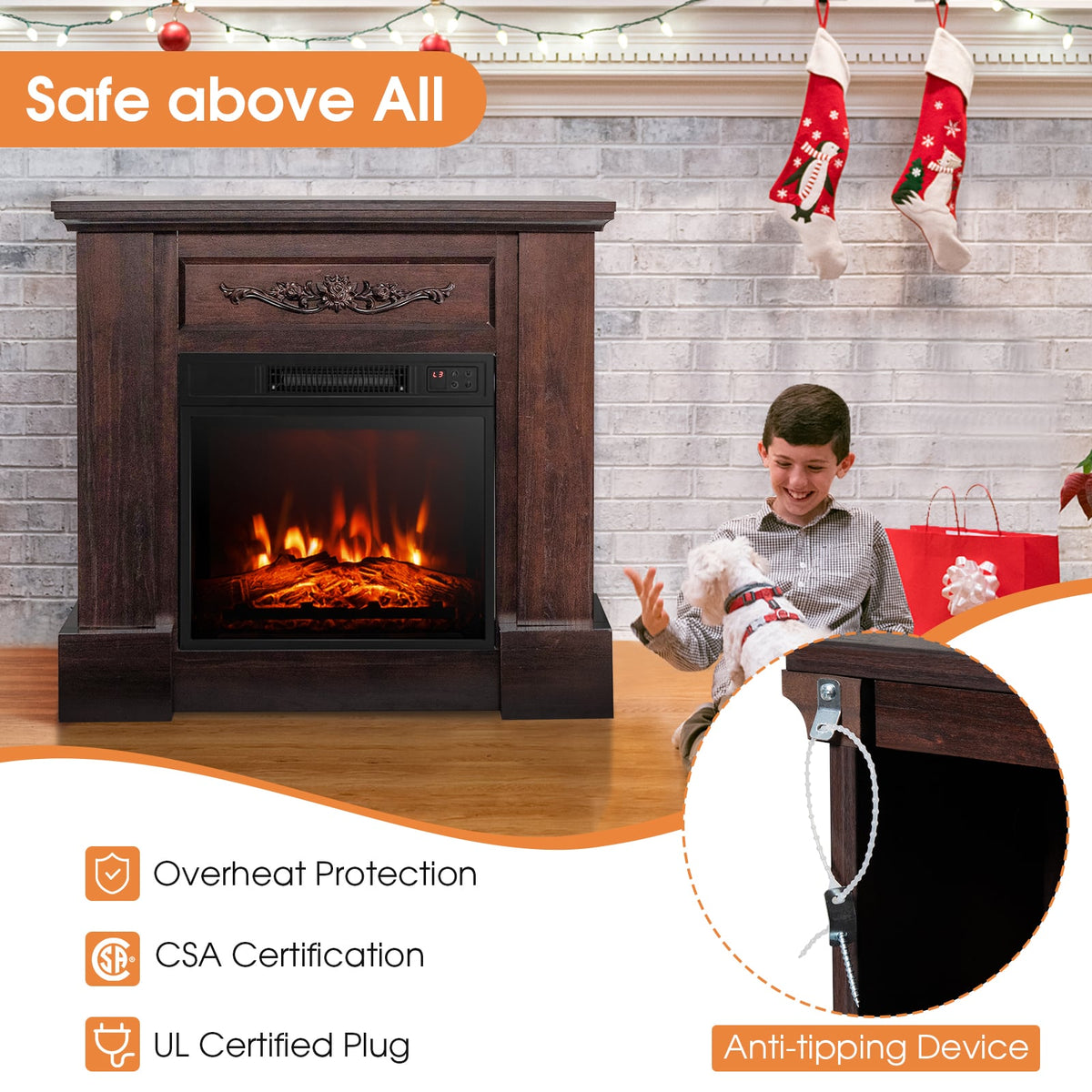 1400W TV Stand Electric Fireplace Mantel with Remote Control-Natural-Fireplaces-DECOROLALA