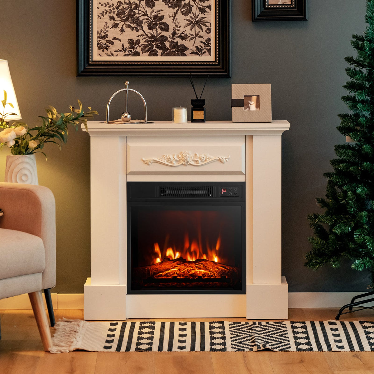 1400W TV Stand Electric Fireplace Mantel with Remote Control-White-Fireplaces-DECOROLALA