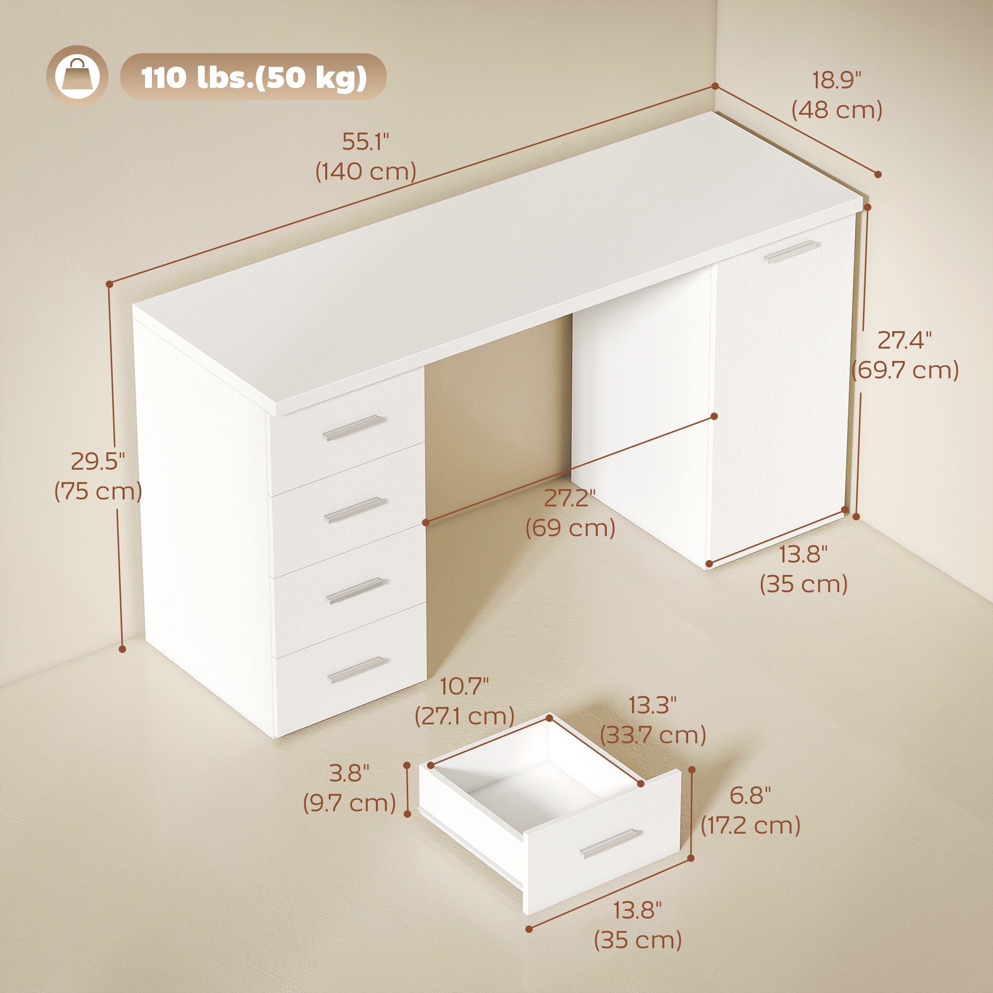 140cm Computer Desk with Drawers and Cabinet - White-DECOROLALA