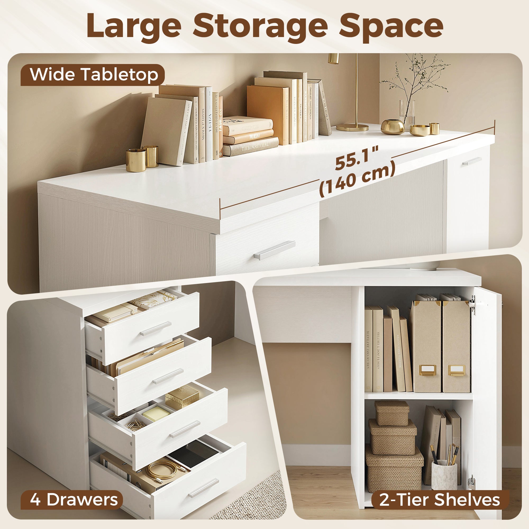 140cm Computer Desk with Drawers and Cabinet - White-DECOROLALA