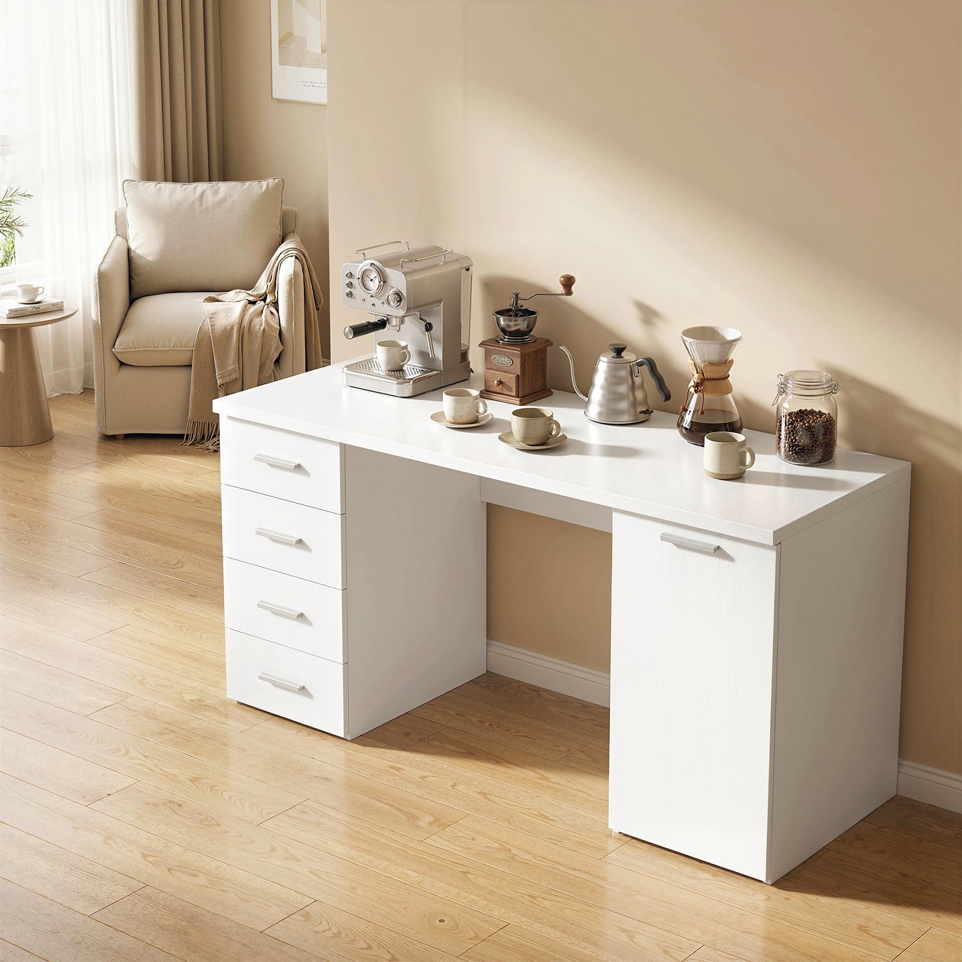 140cm Computer Desk with Drawers and Cabinet - White-DECOROLALA