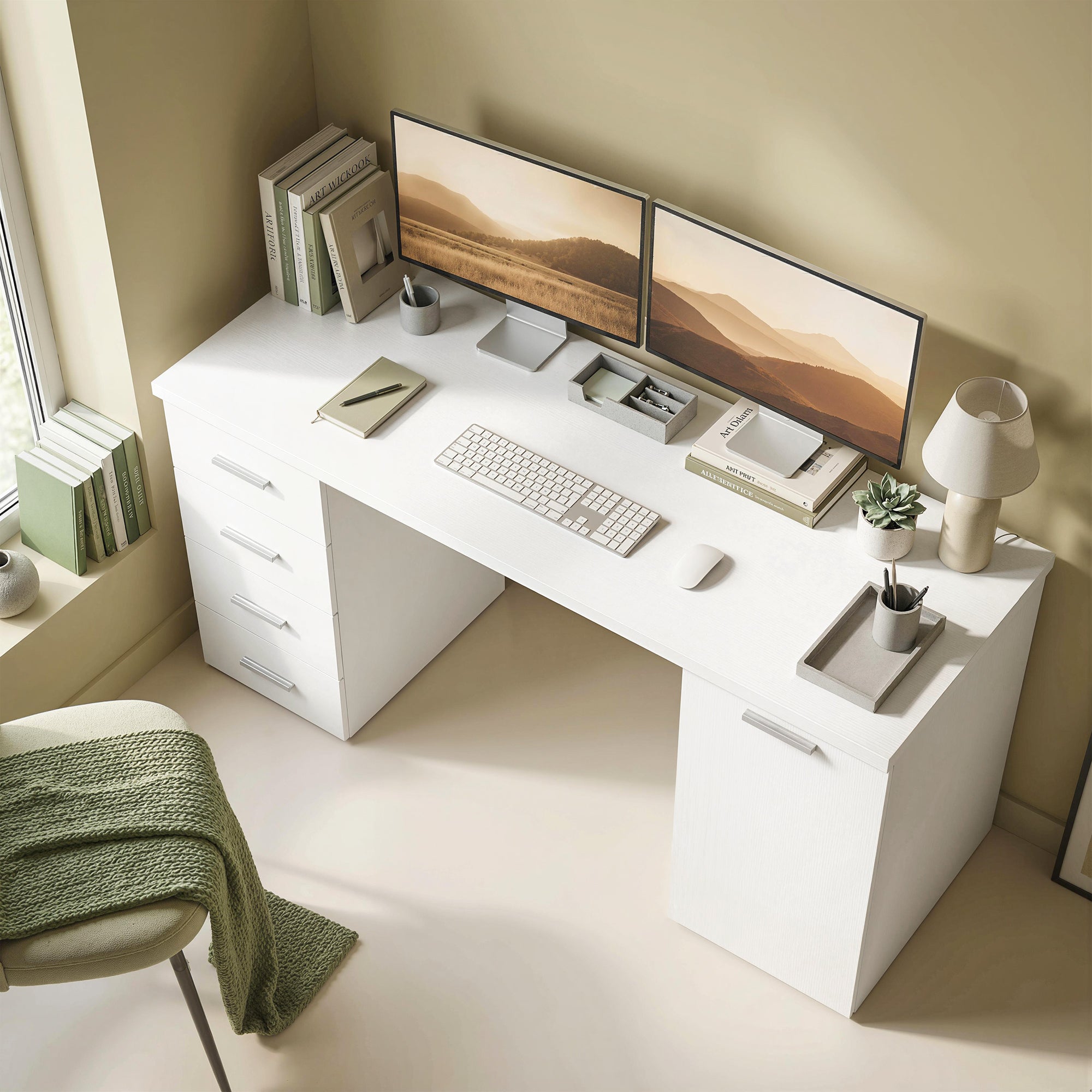 140cm Computer Desk with Drawers and Cabinet - White-DECOROLALA