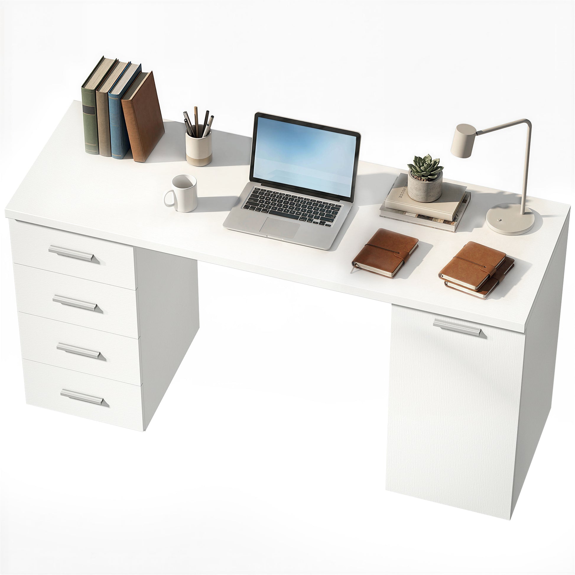 140cm Computer Desk with Drawers and Cabinet - White-DECOROLALA