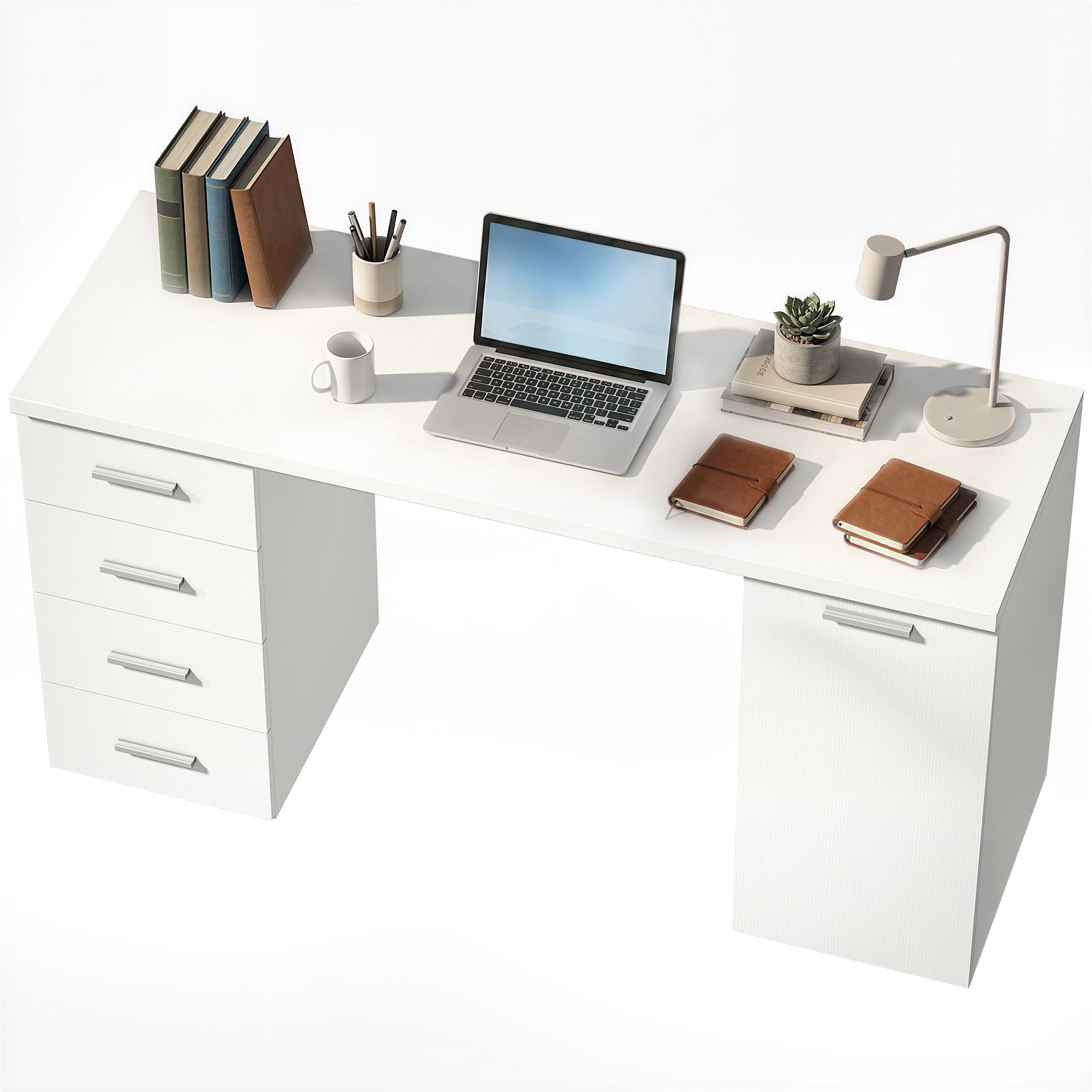 140cm Computer Desk with Drawers and Cabinet - White-DECOROLALA