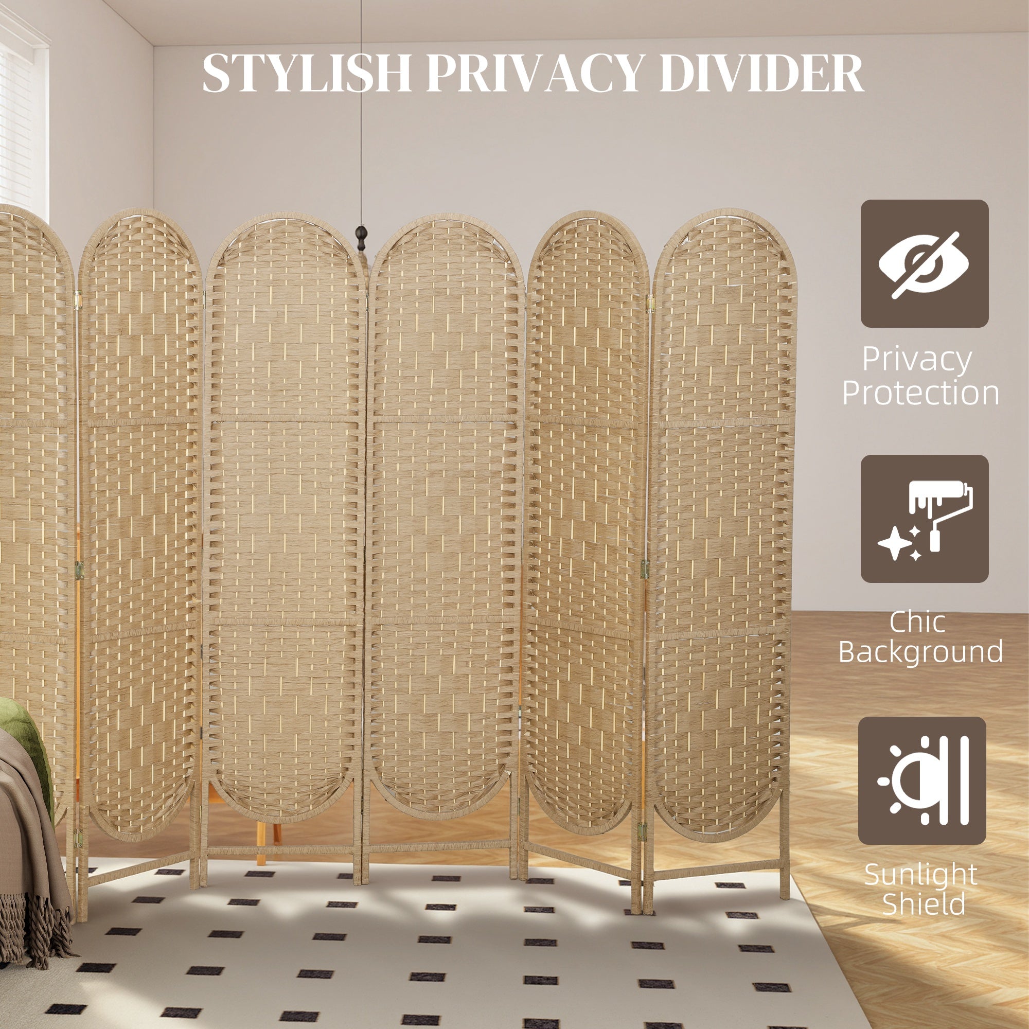 Bohemian Privacy Screen, Folding Room Divider with 6 Panels and Arched Top for Bedroom Living Room Office, Natural Wood