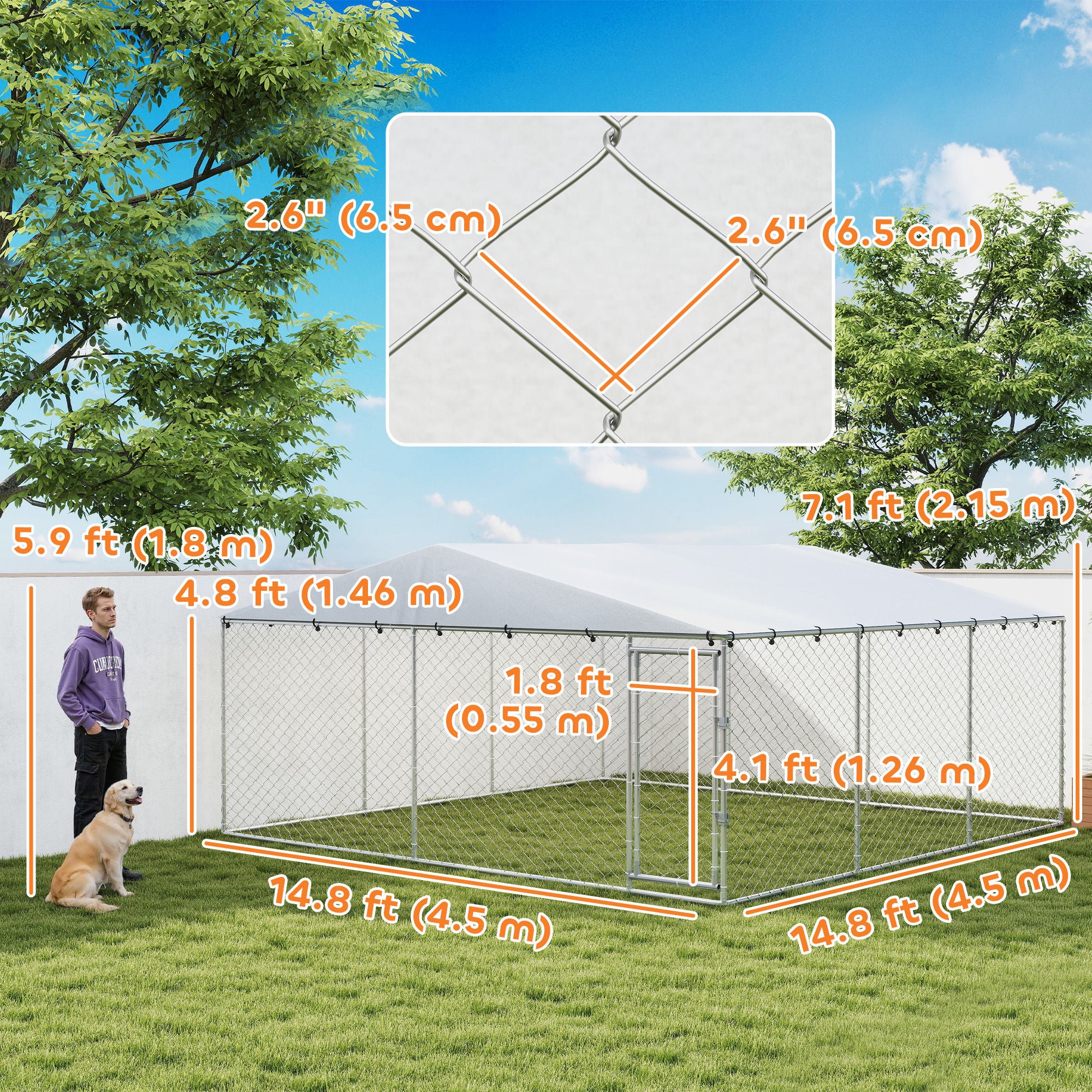 14.8' x 14.8' x 7.1' Dog Kennel Outdoor for Small Medium Large Dogs with Waterproof Cover, Silver-Dogs-DECOROLALA