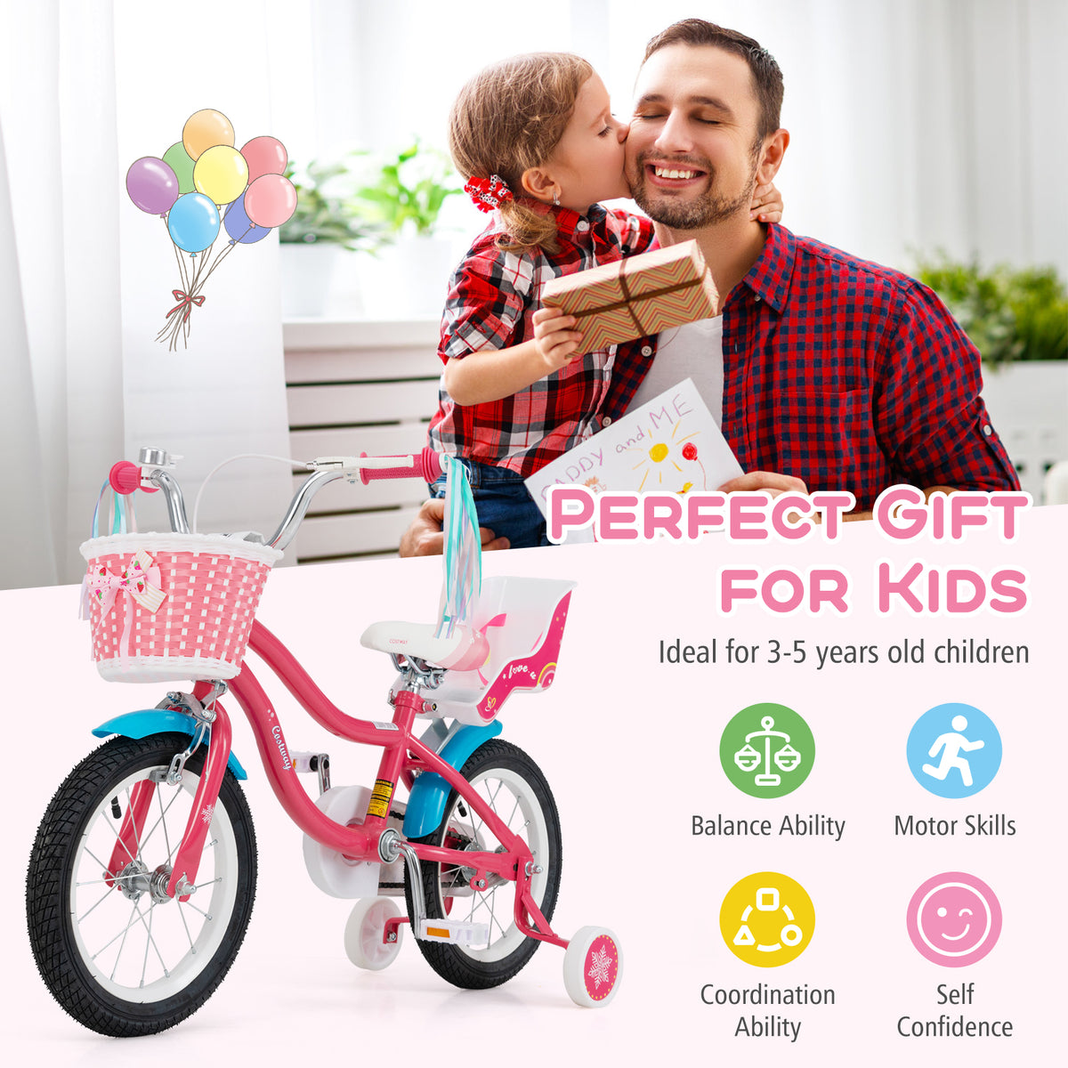 Girls Bike for 3-5 Years Old Kids Bike with Doll Seat and Training Wheels