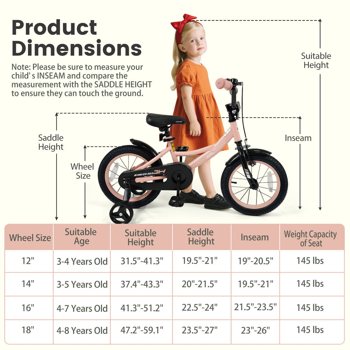Kids Bike Adjustable with Removable Training Wheels for 3-8 Years Old