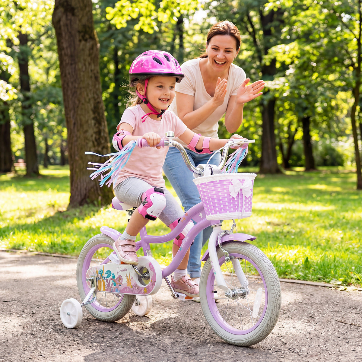 Vélo pour enfant réglable avec panier et rubans - Thème Princesse de la mer