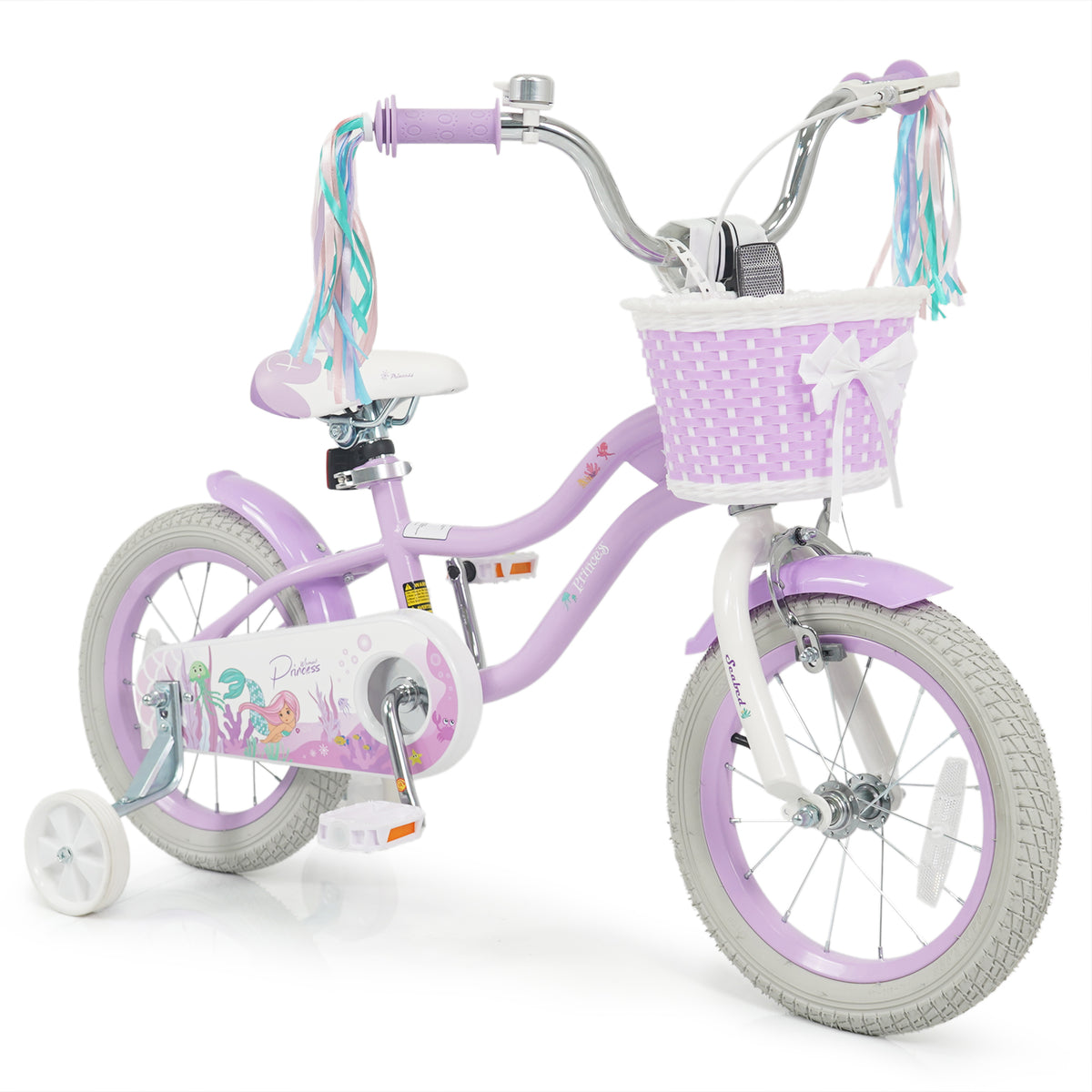 Vélo pour enfant réglable avec panier et rubans - Thème Princesse de la mer