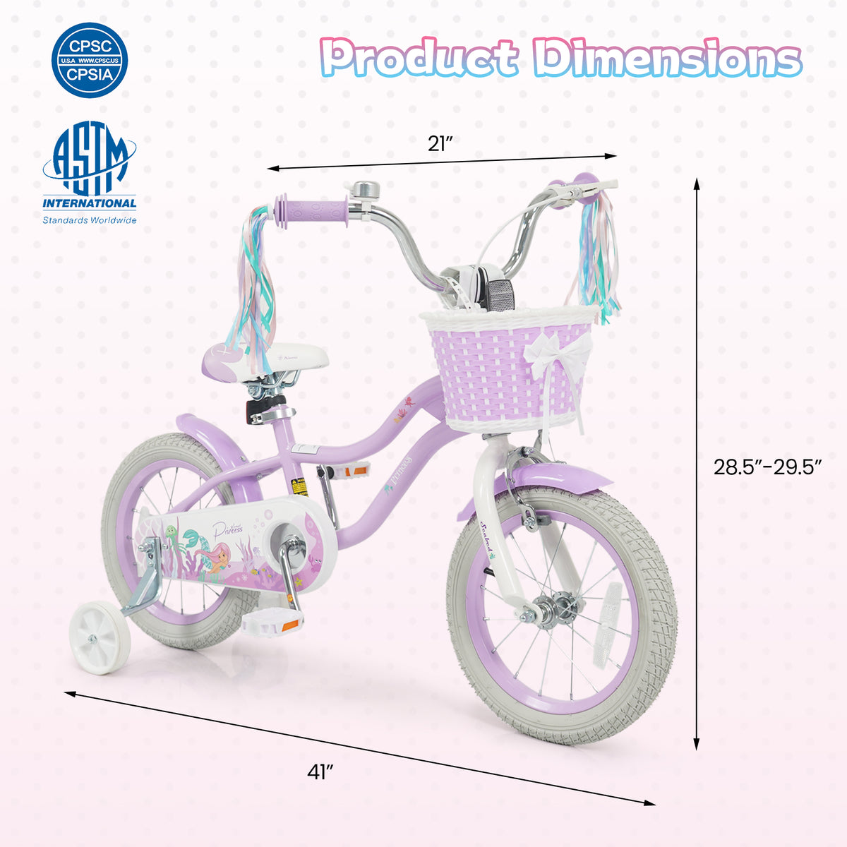 Vélo pour enfant réglable avec panier et rubans - Thème Princesse de la mer