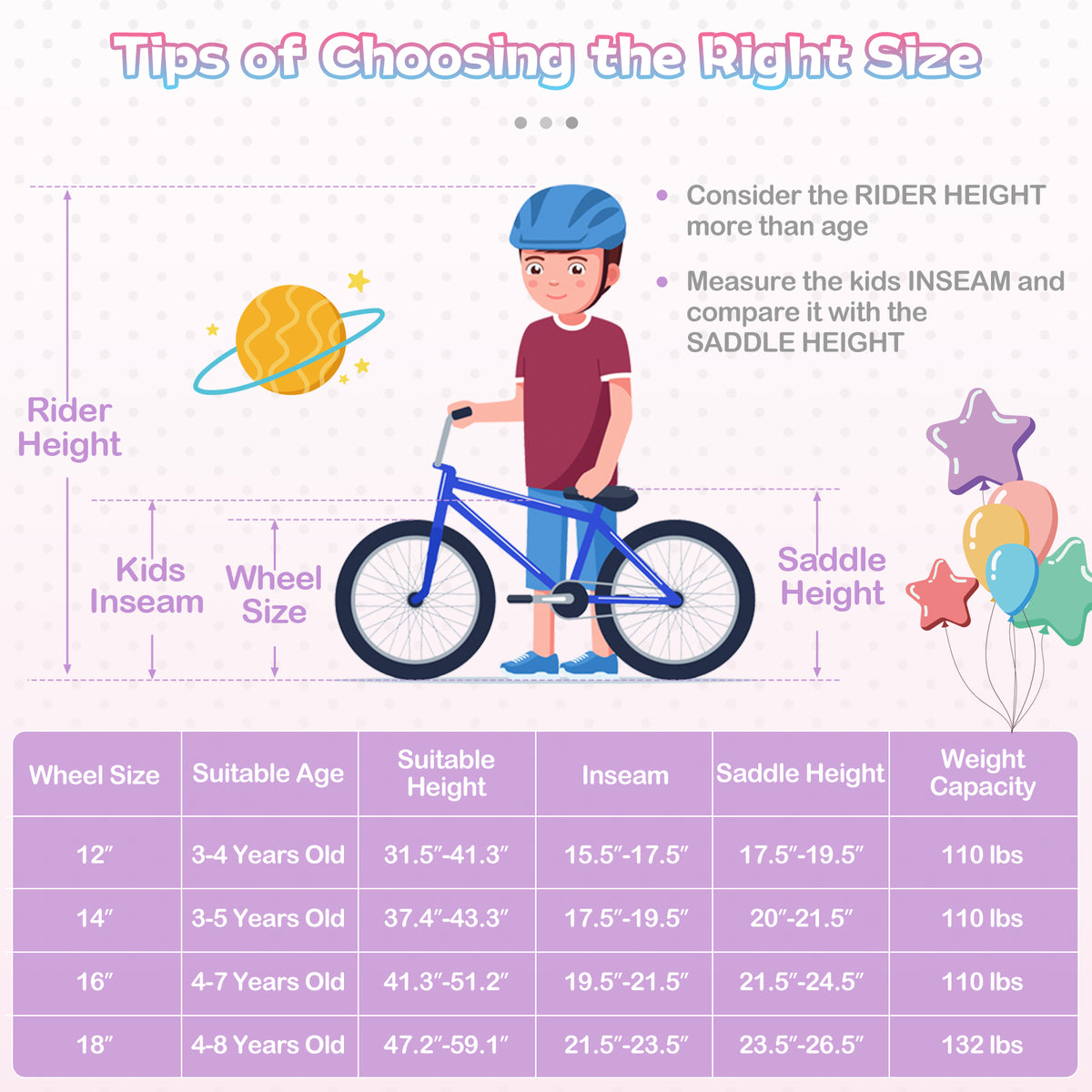Vélo pour enfant réglable avec panier et rubans - Thème Princesse de la mer