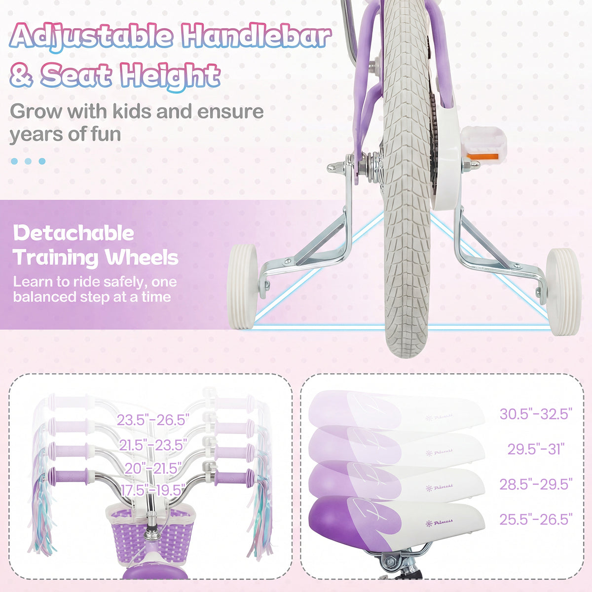 Vélo pour enfant réglable avec panier et rubans - Thème Princesse de la mer