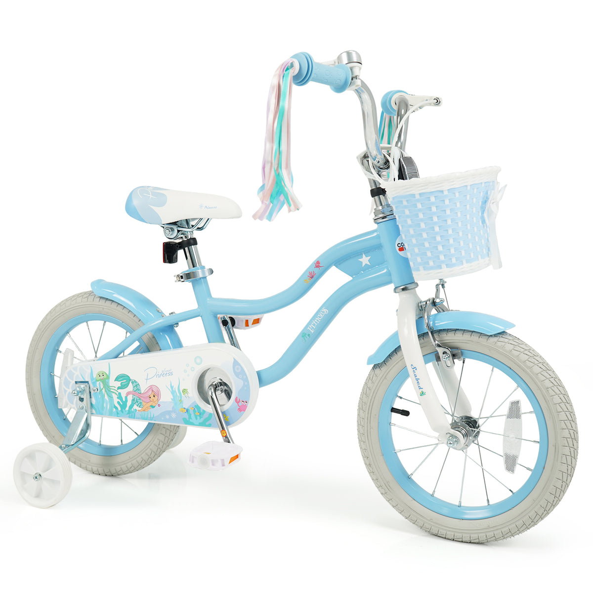Vélo pour enfants réglable avec panier et serpentins pour enfants de 3 à 5 ans - Thème Princesse de la mer