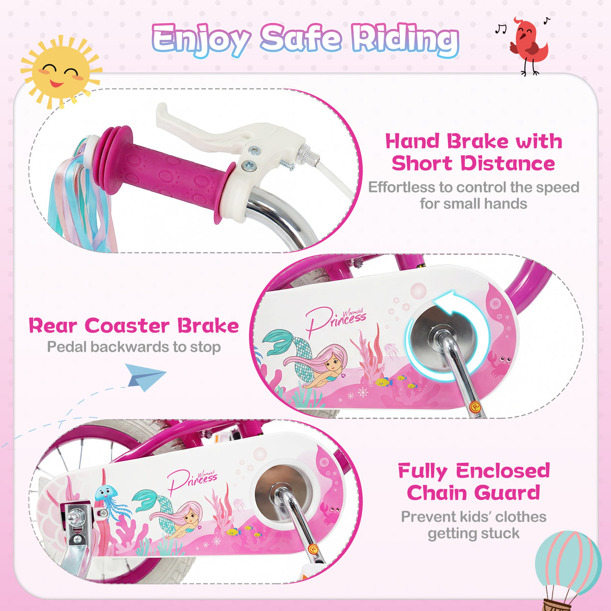 Kids Bike Adjustable with Basket and Streamers - Princess of the Sea Theme