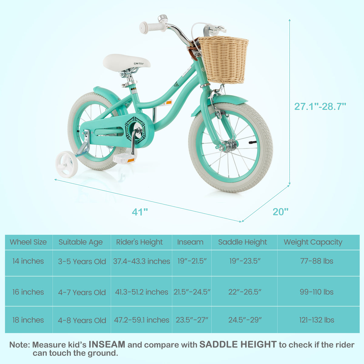 Kids Bike with Training Wheels and Adjustable Handlebar Seat
