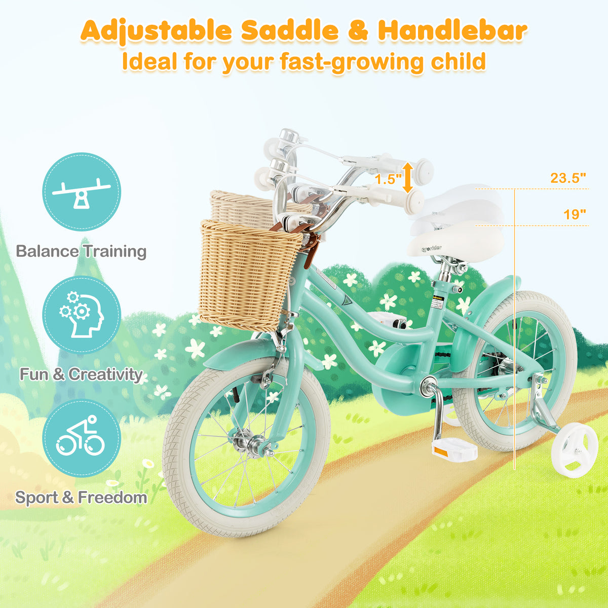 Kids Bike with Training Wheels and Adjustable Handlebar Seat