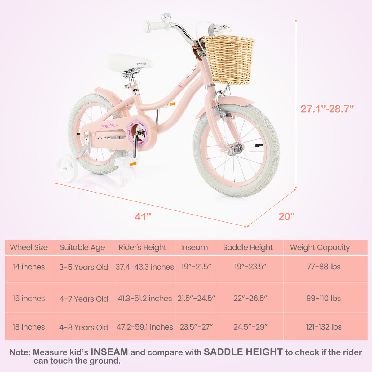 Kids Bike with Training Wheels and Adjustable Handlebar Seat