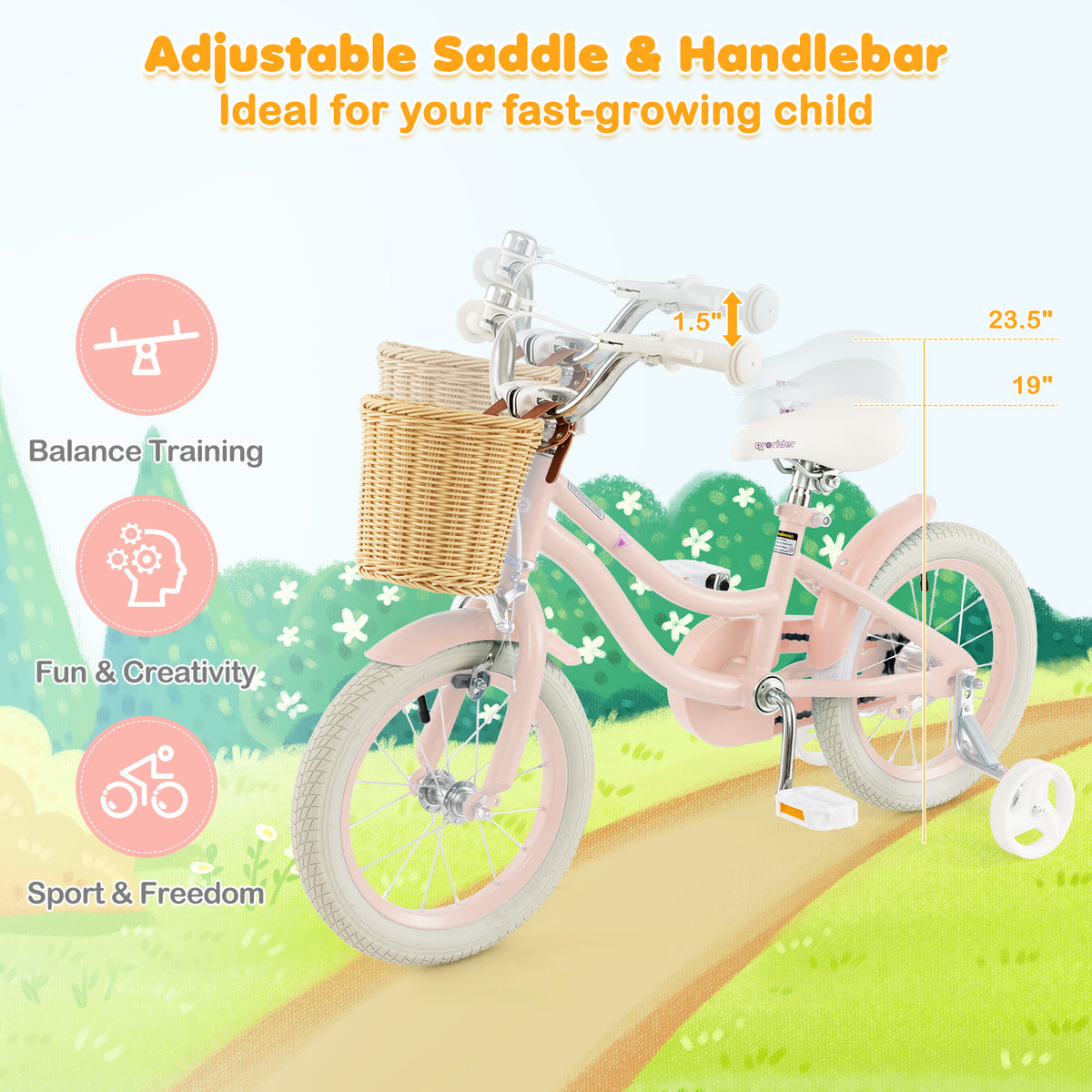 Kids Bike with Training Wheels and Adjustable Handlebar Seat