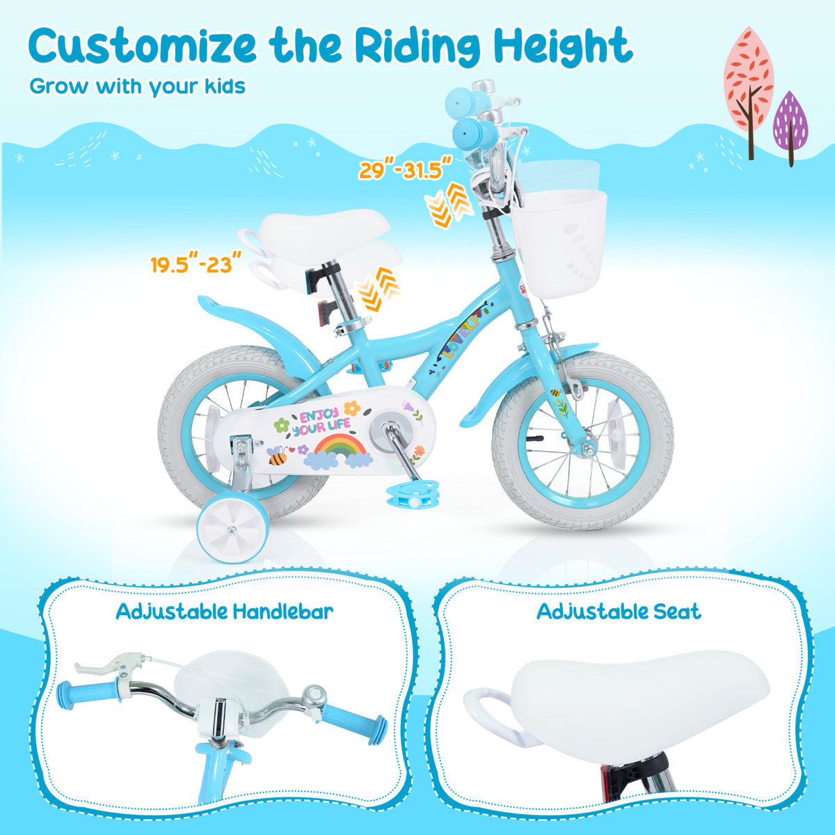 Vélo pour filles de 3 à 4 ans avec roues stabilisatrices et panier - Fête du printemps