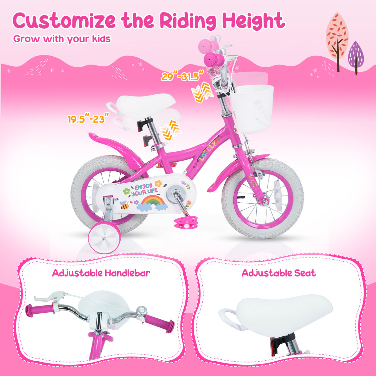 Girls Bike for 3-4 Years Old with Basket - Spring Party