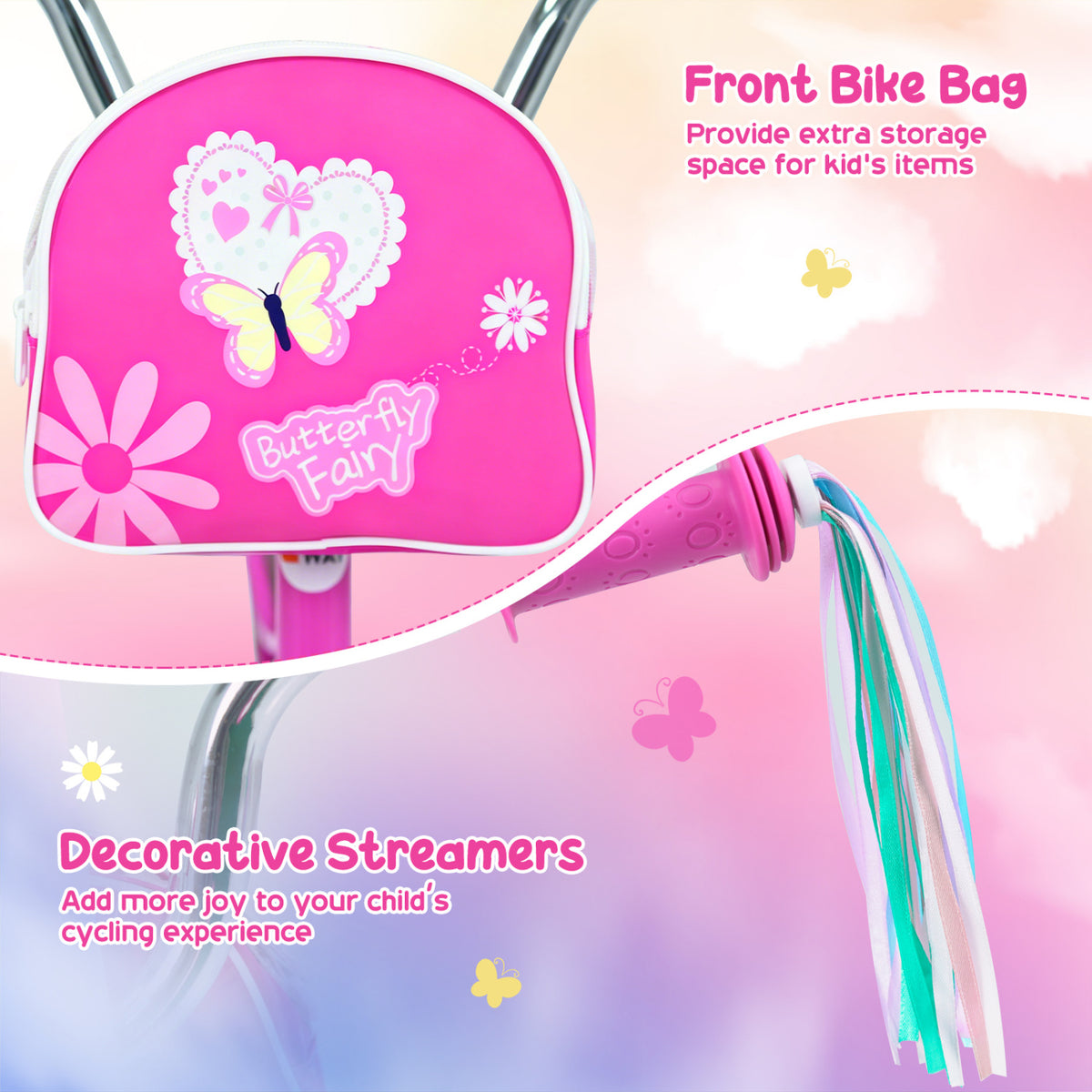 Vélo pour fille avec sac avant et rubans pour 3-4 ans