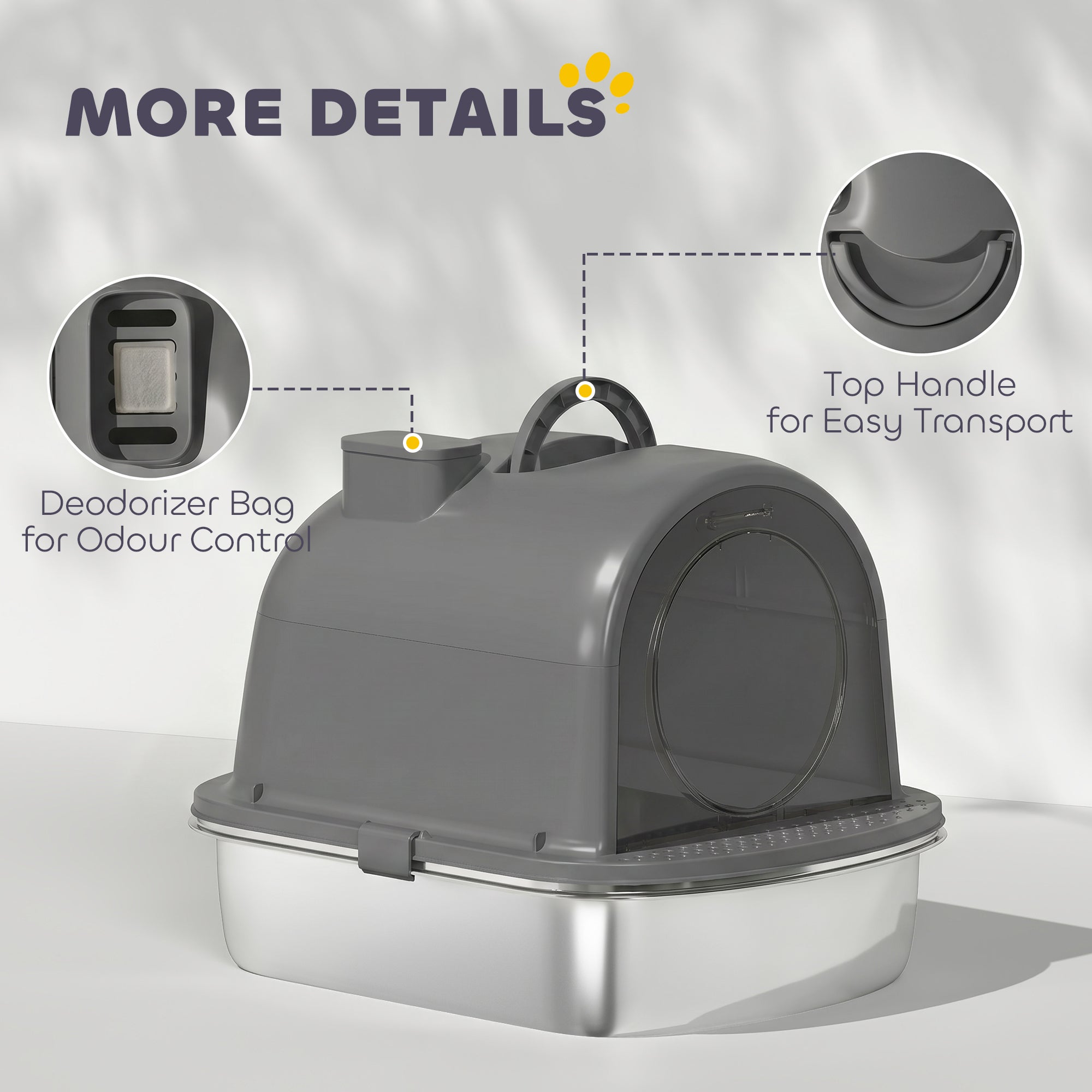 Enclosed Stainless Steel Litter Box, Metal Cat Litter Box with Scoop, Deodorizer Bag, Handle, Easy to Clean