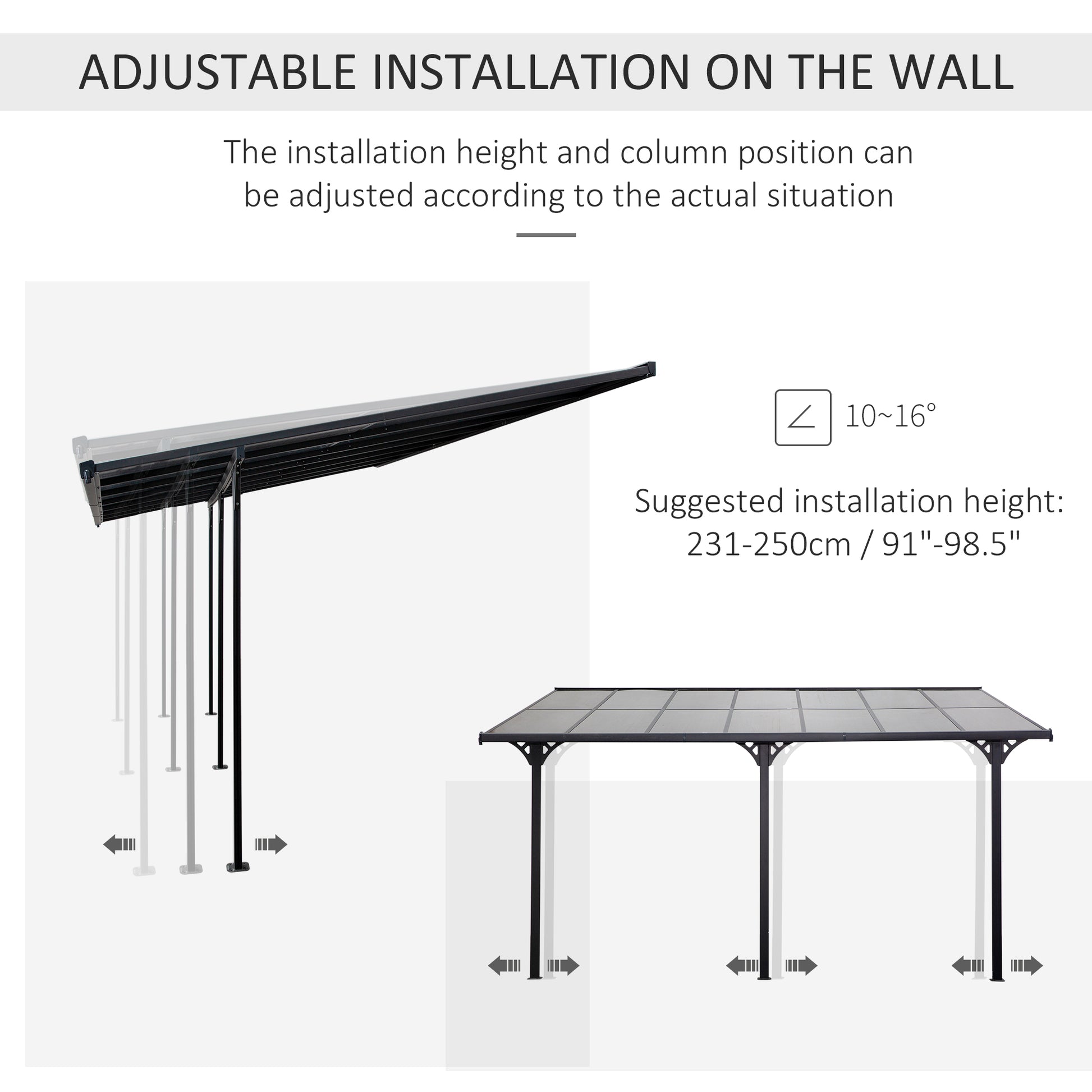 14ft x 10ft Wall-Mounted Aluminum Pergola - Grey-DECOROLALA