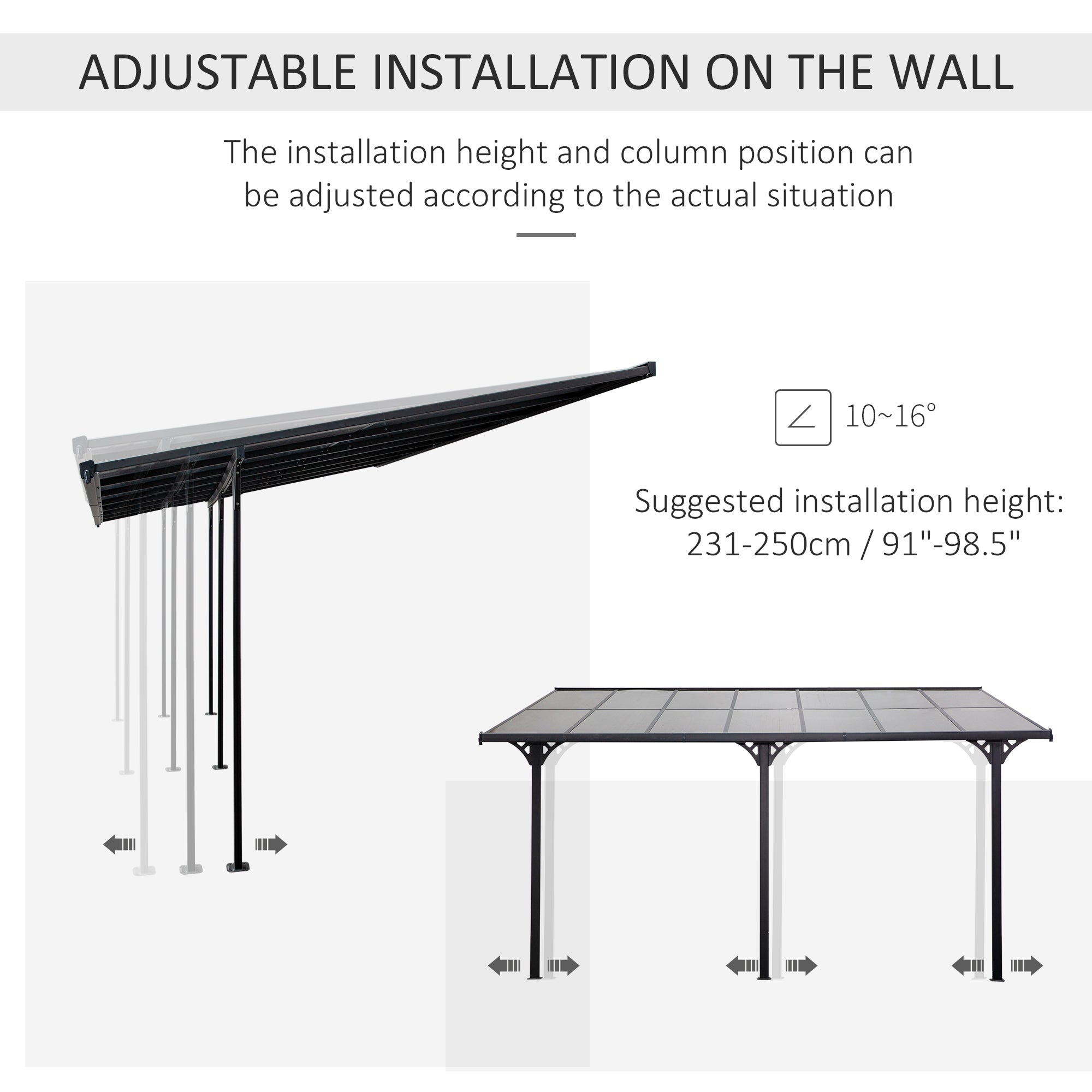 14ft x 10ft Wall-Mounted Aluminum Pergola - Grey-DECOROLALA