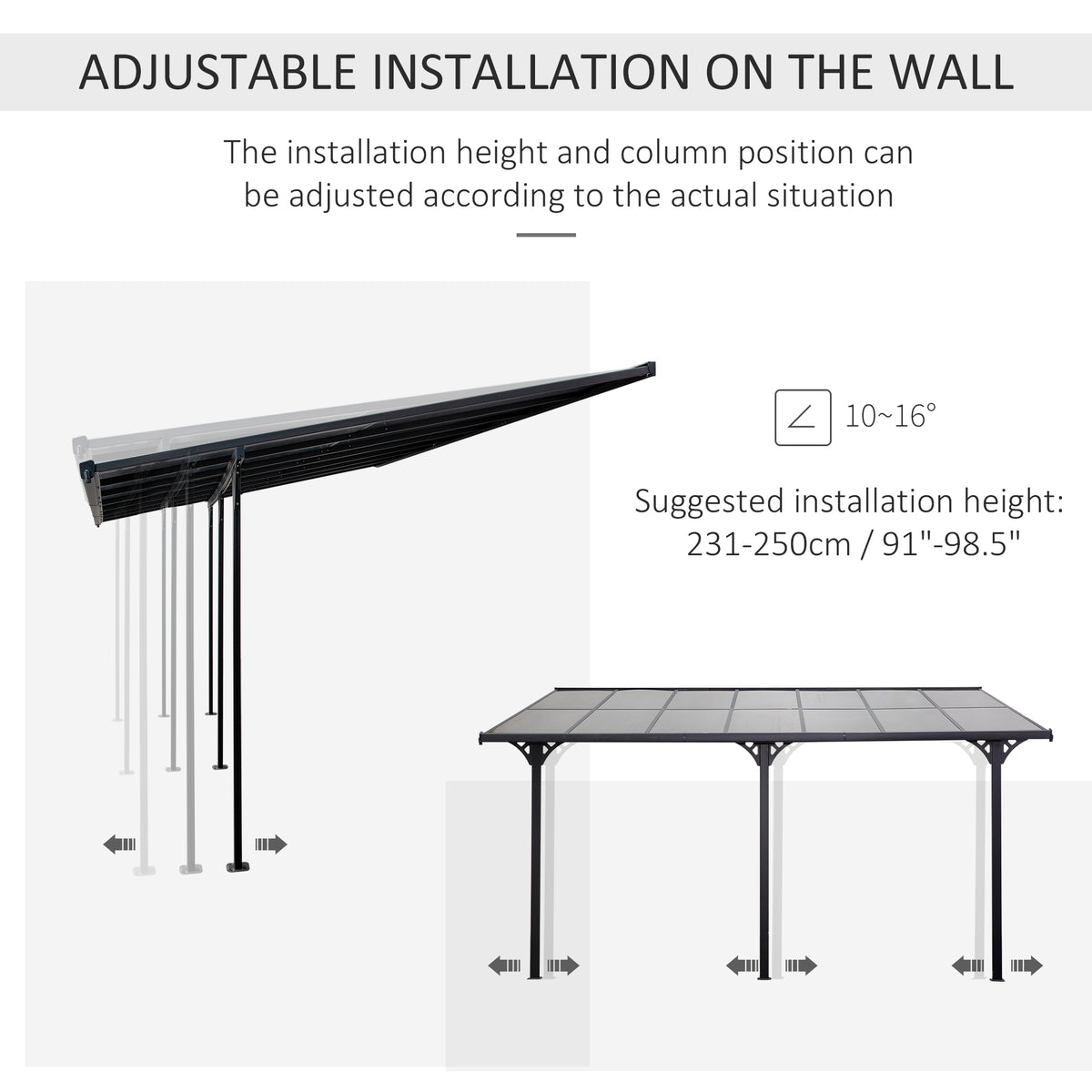 14ft x 10ft Wall-Mounted Aluminum Pergola - Grey-DECOROLALA