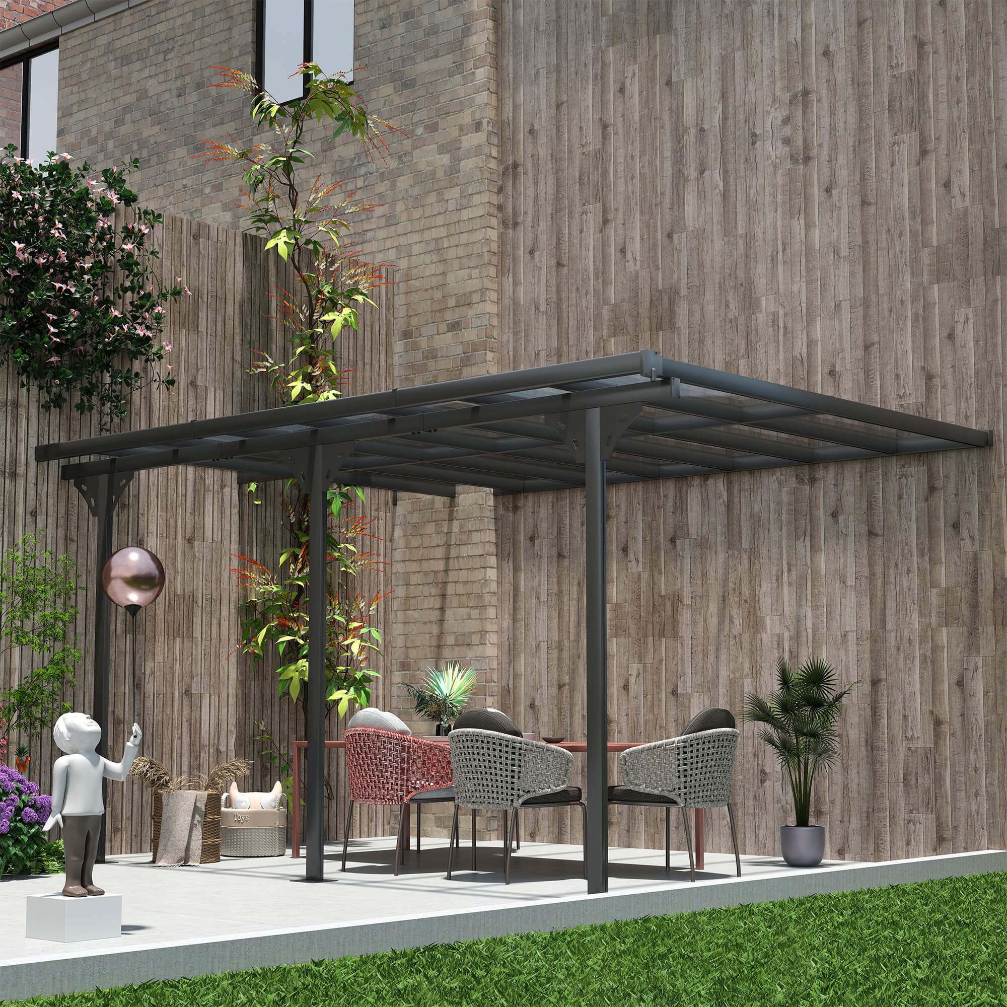 14ft x 10ft Wall-Mounted Aluminum Pergola - Grey-DECOROLALA