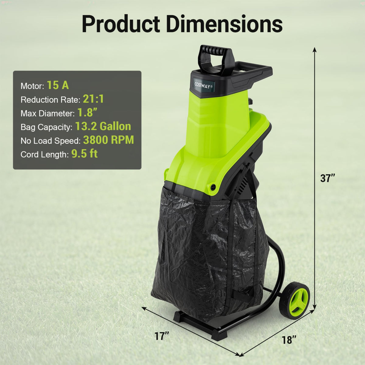 15-Amp Electric Wood Chipper Shredder Mulcher 1.8 Inch Max Cutting Diameter-Green-Lawn Care Tools-DECOROLALA
