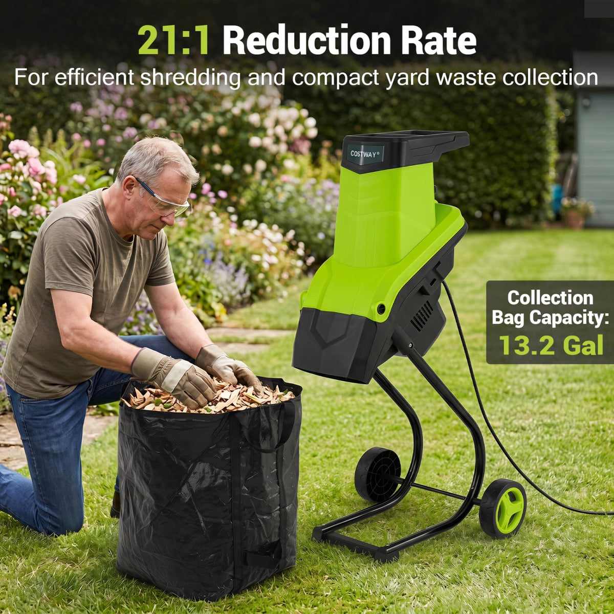15-Amp Electric Wood Chipper Shredder Mulcher 1.8 Inch Max Cutting Diameter-Green-Lawn Care Tools-DECOROLALA