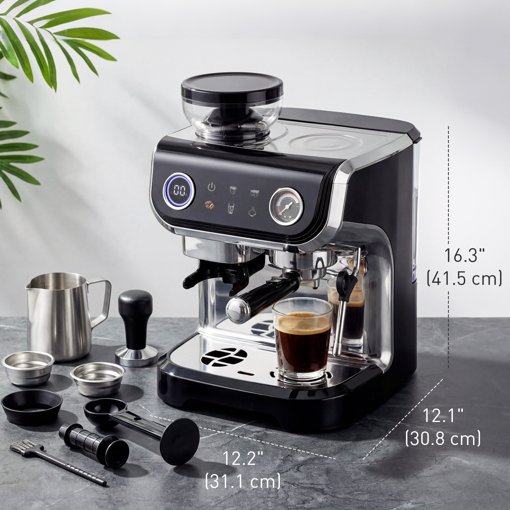 15 Bar Espresso Machine with Grinder & Frother - Black-DECOROLALA