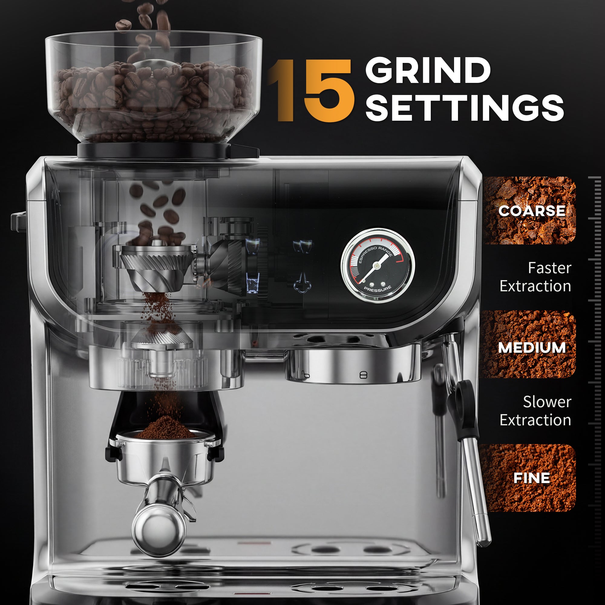 15 Bar Espresso Machine with Grinder & Frother - Black-DECOROLALA