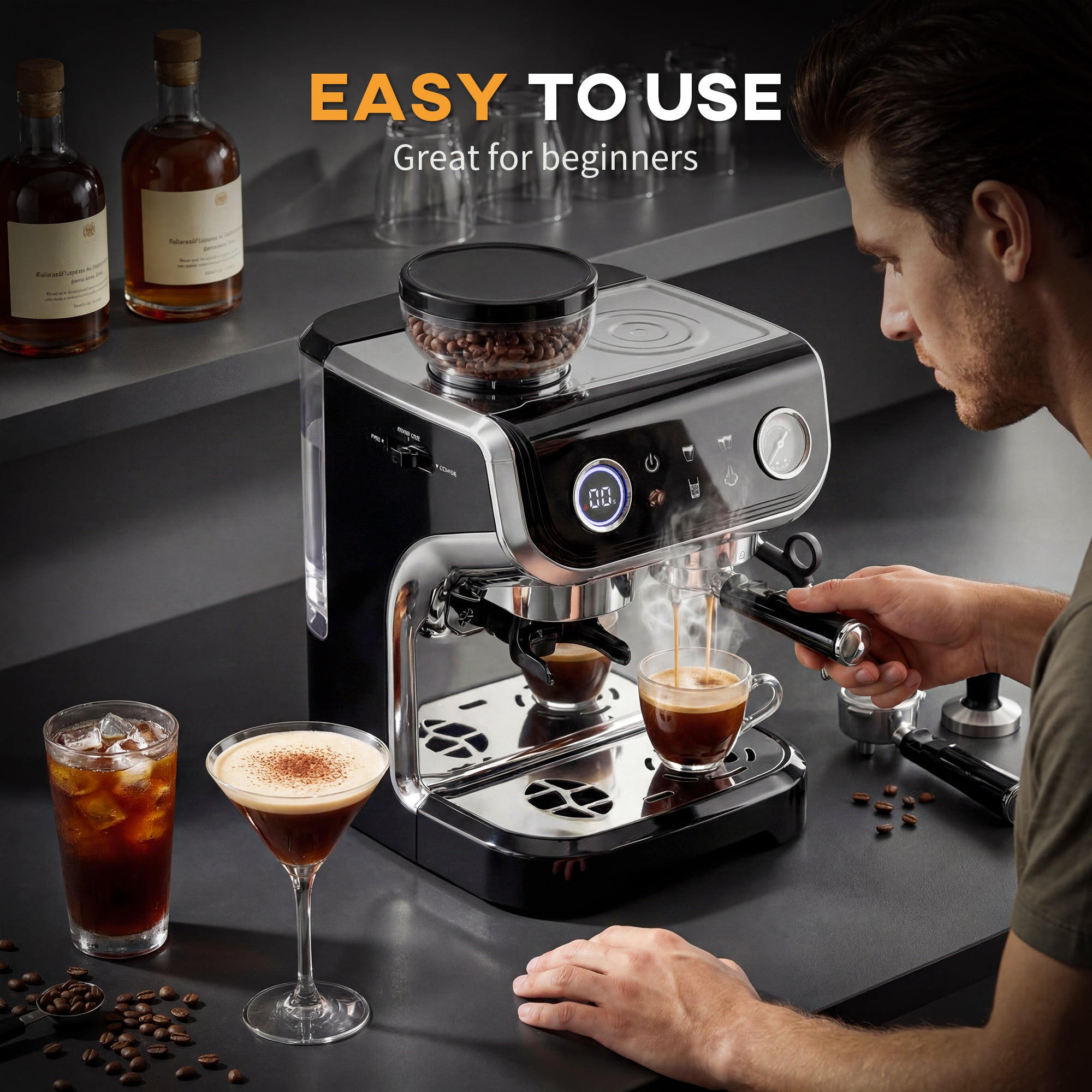 15 Bar Espresso Machine with Grinder & Frother - Black-DECOROLALA