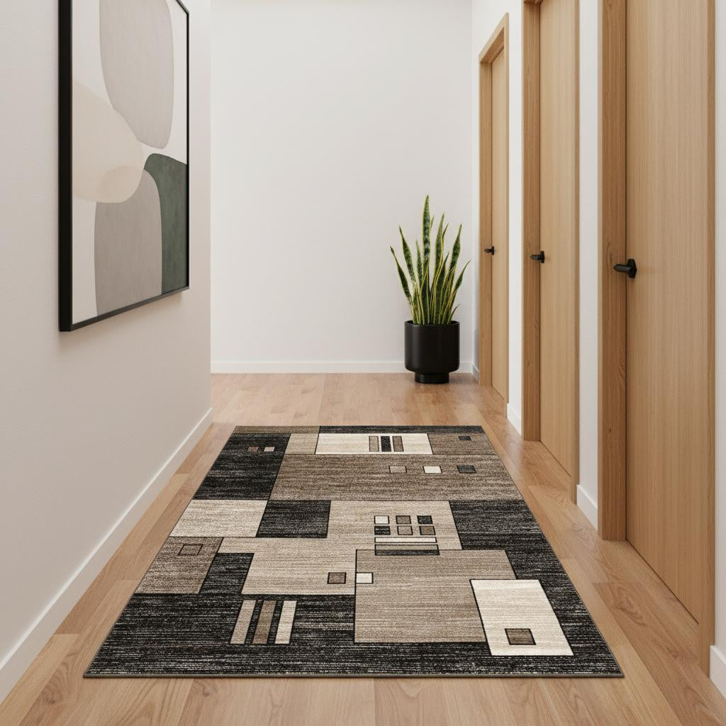 15' Beige Abstract Power Loom Runner Rug-Area Rugs-DECOROLALA