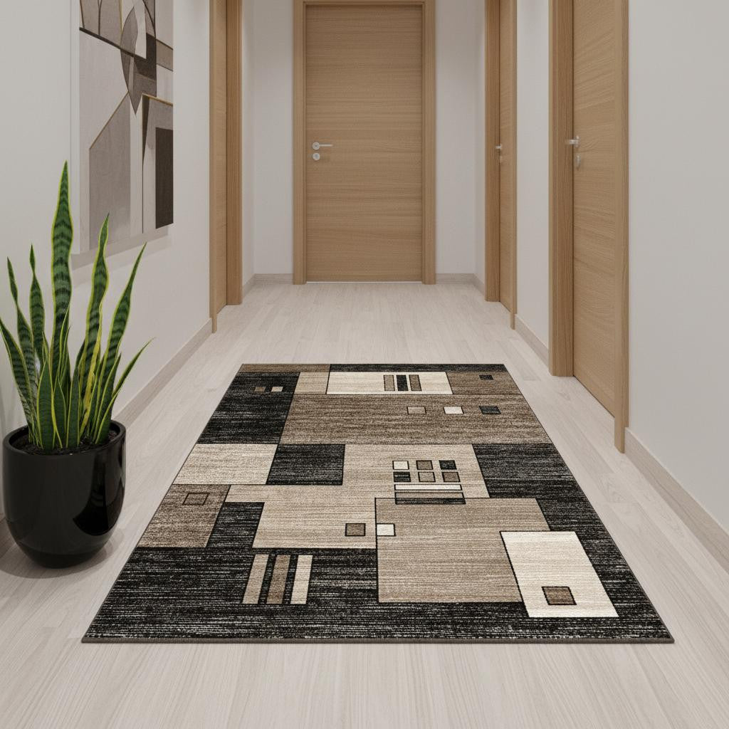15' Beige Abstract Power Loom Runner Rug-Area Rugs-DECOROLALA