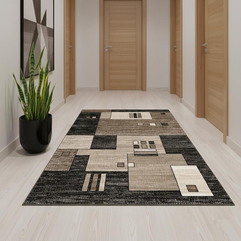 15' Beige Abstract Power Loom Runner Rug-Area Rugs-DECOROLALA