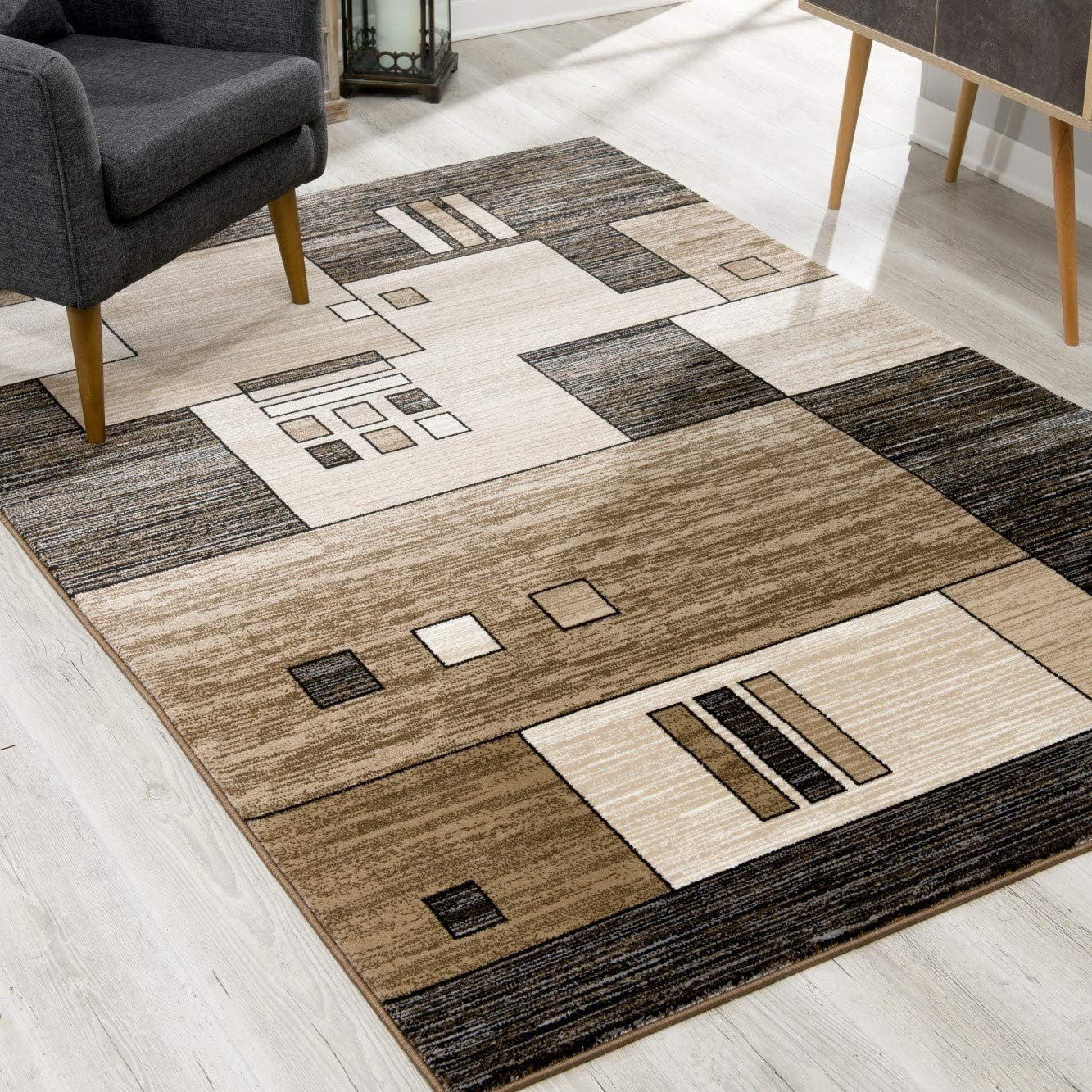 15' Beige Abstract Power Loom Runner Rug-Area Rugs-DECOROLALA