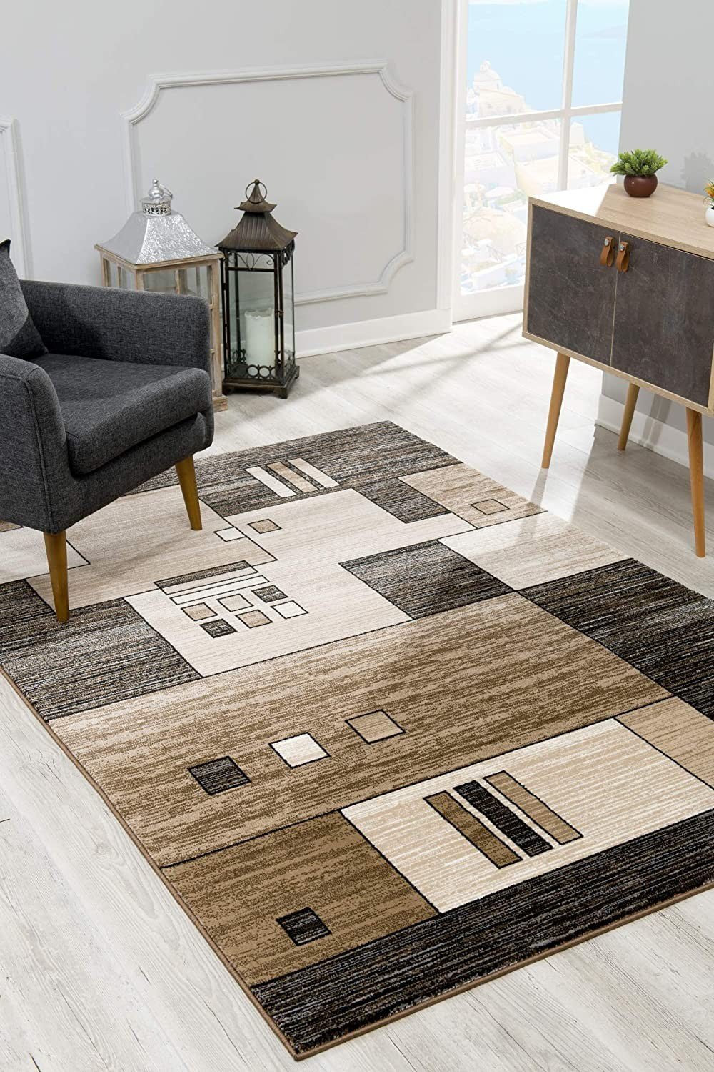 15' Beige Abstract Power Loom Runner Rug-Area Rugs-DECOROLALA