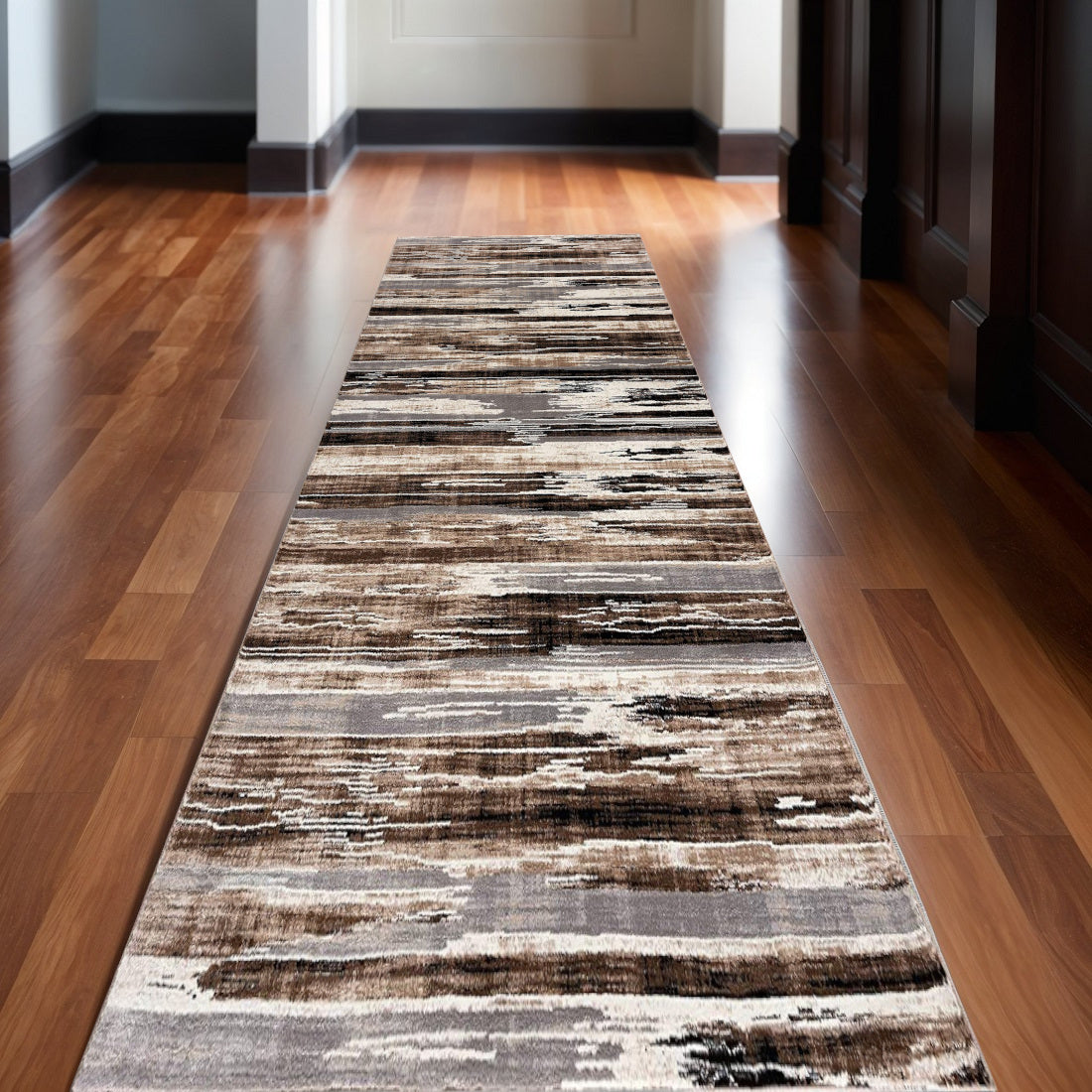 15' Beige Striped Dhurrie Runner Rug-Area Rugs-DECOROLALA