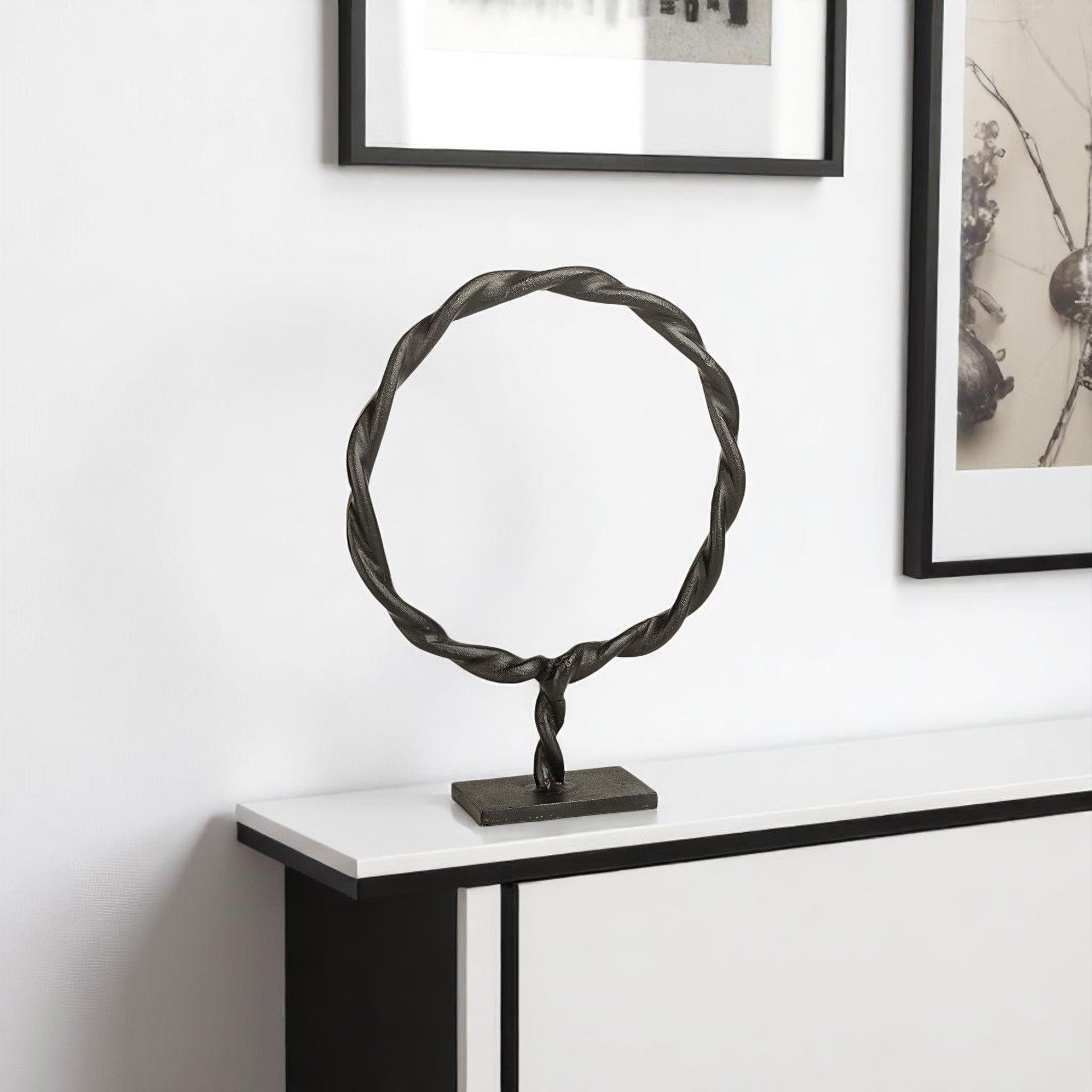 15" Black Metal Round Braided Tabletop Sculpture-Sculptures-DECOROLALA