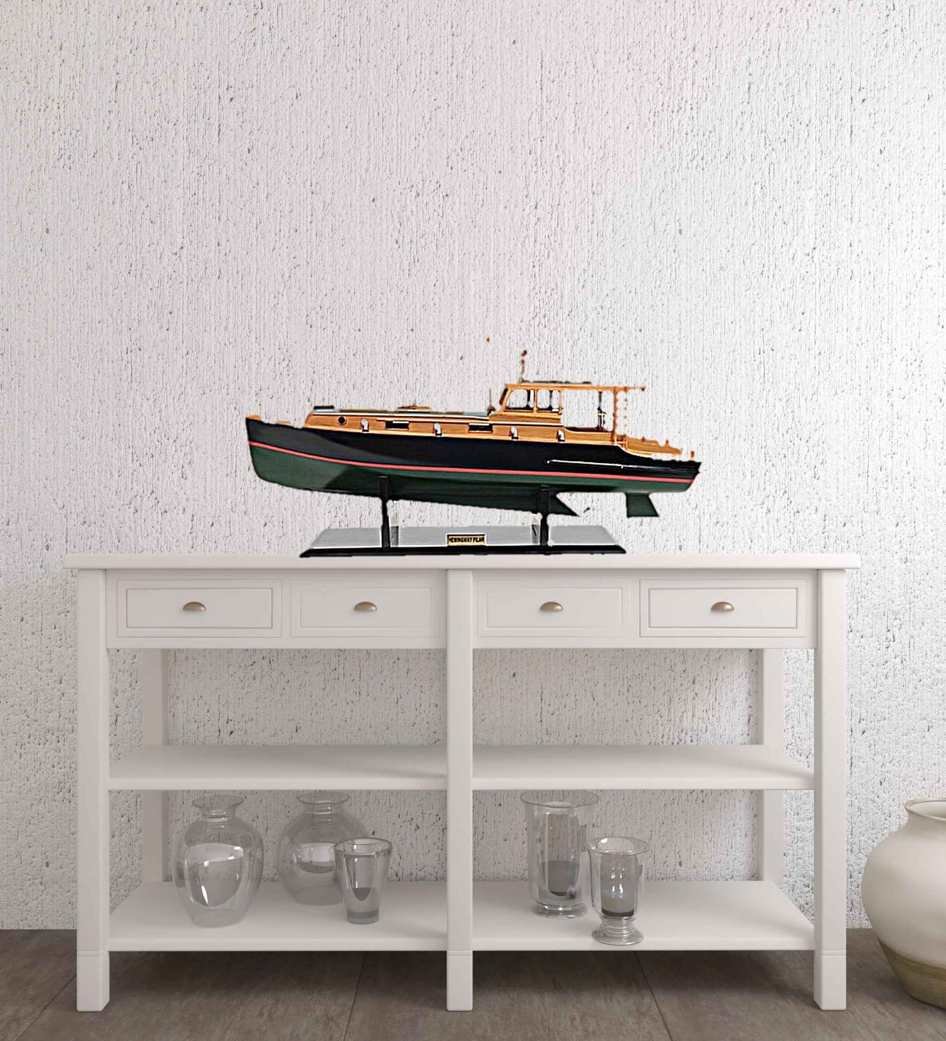 15" Black and Green Solid Wood Hand Painted 1934 Hemingway Pilar Fishing Boat Model Boat-Sculptures-DECOROLALA